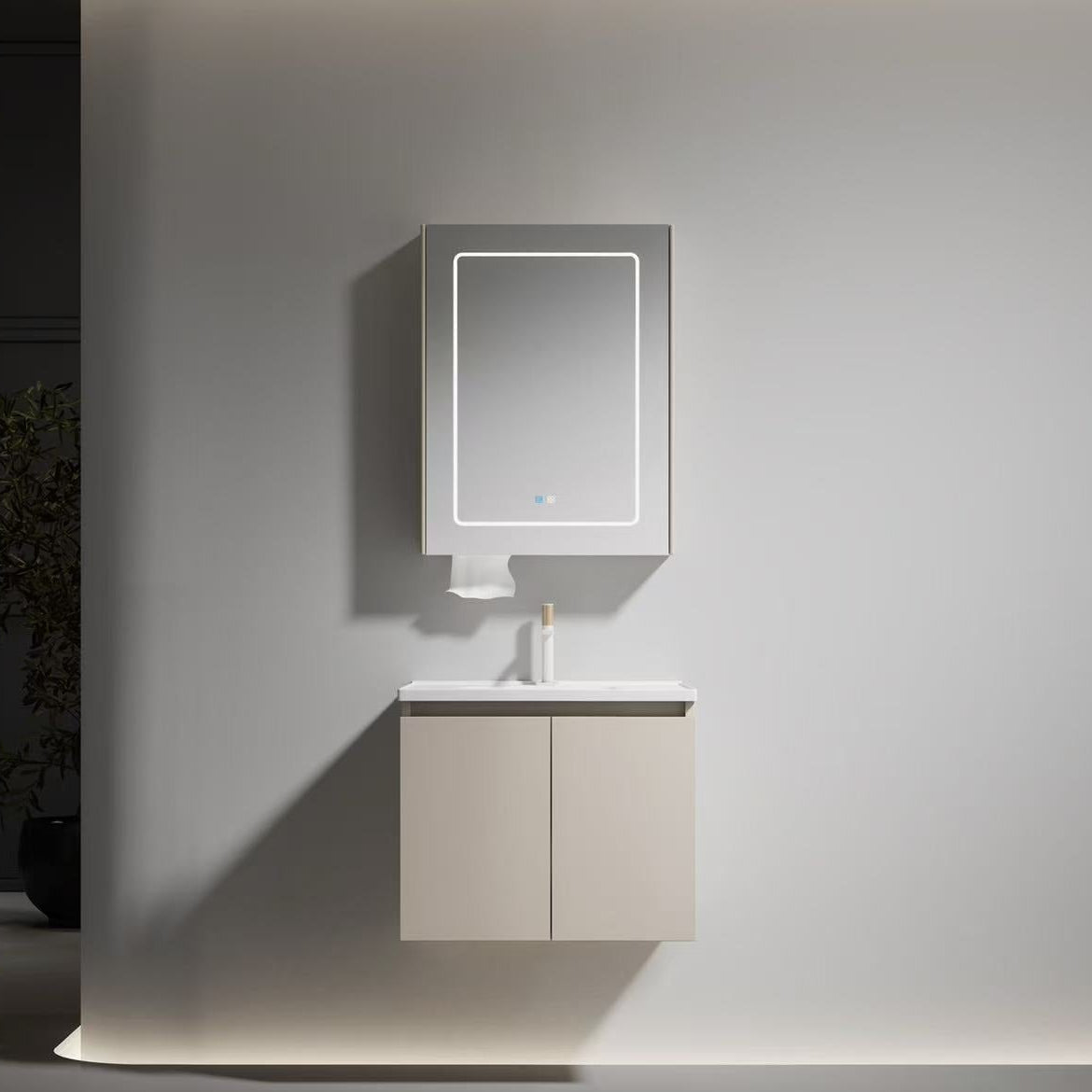 AINEXA Wall-Mounted Bathroom Vanity with Ceramic Wash Basin & LED Mirror Cabinet – Grey