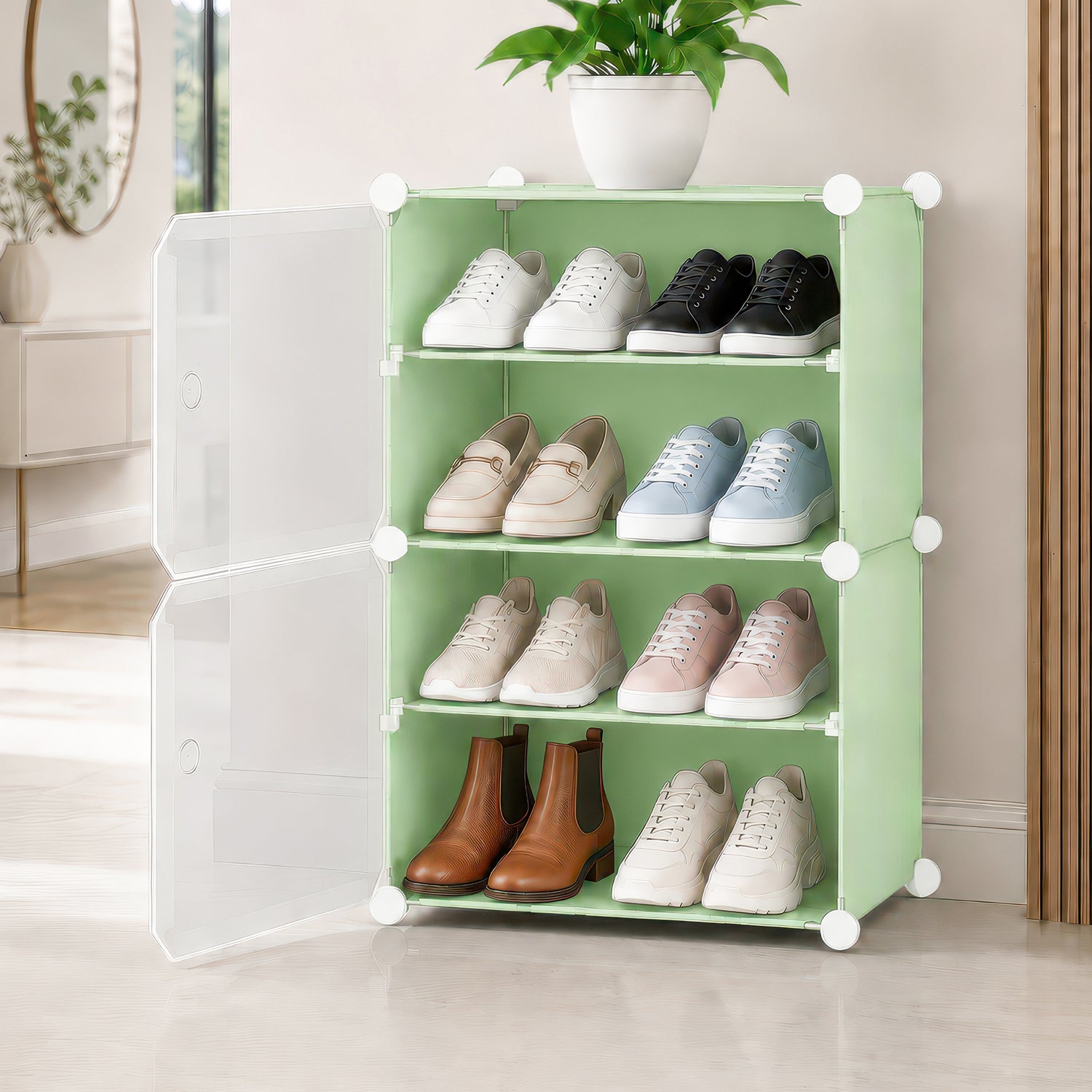 AINEXA 4-Layer Foldable Plastic Shoe Rack with Door Cover – Green