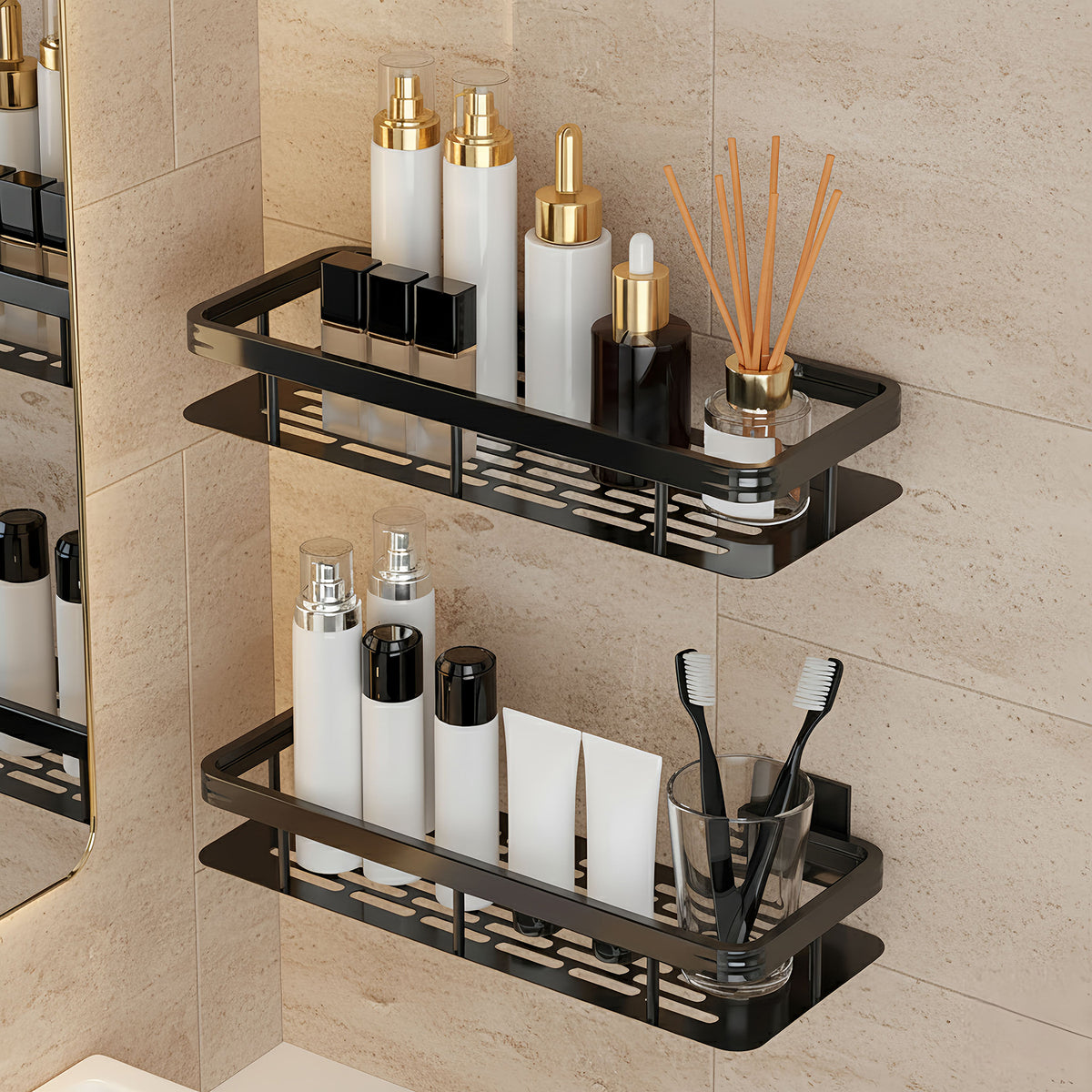AINEXA 2-Piece Self-Adhesive Aluminium Bathroom Shelves – Matte Black