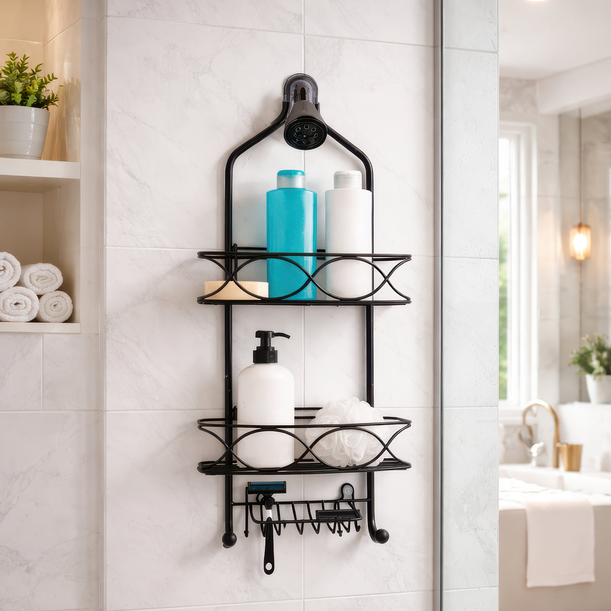 AINEXA 2-Tier Hanging Shower Caddy with Soap Rack – Black