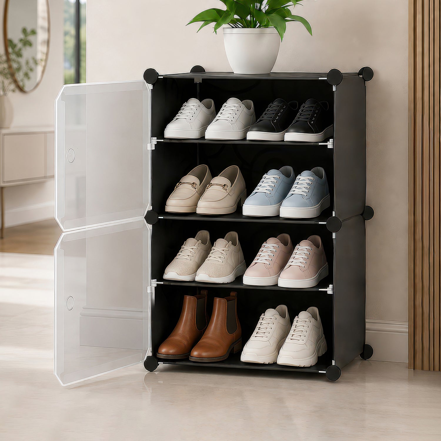 AINEXA 4-Layer Foldable Plastic Shoe Rack with Door Cover – Black