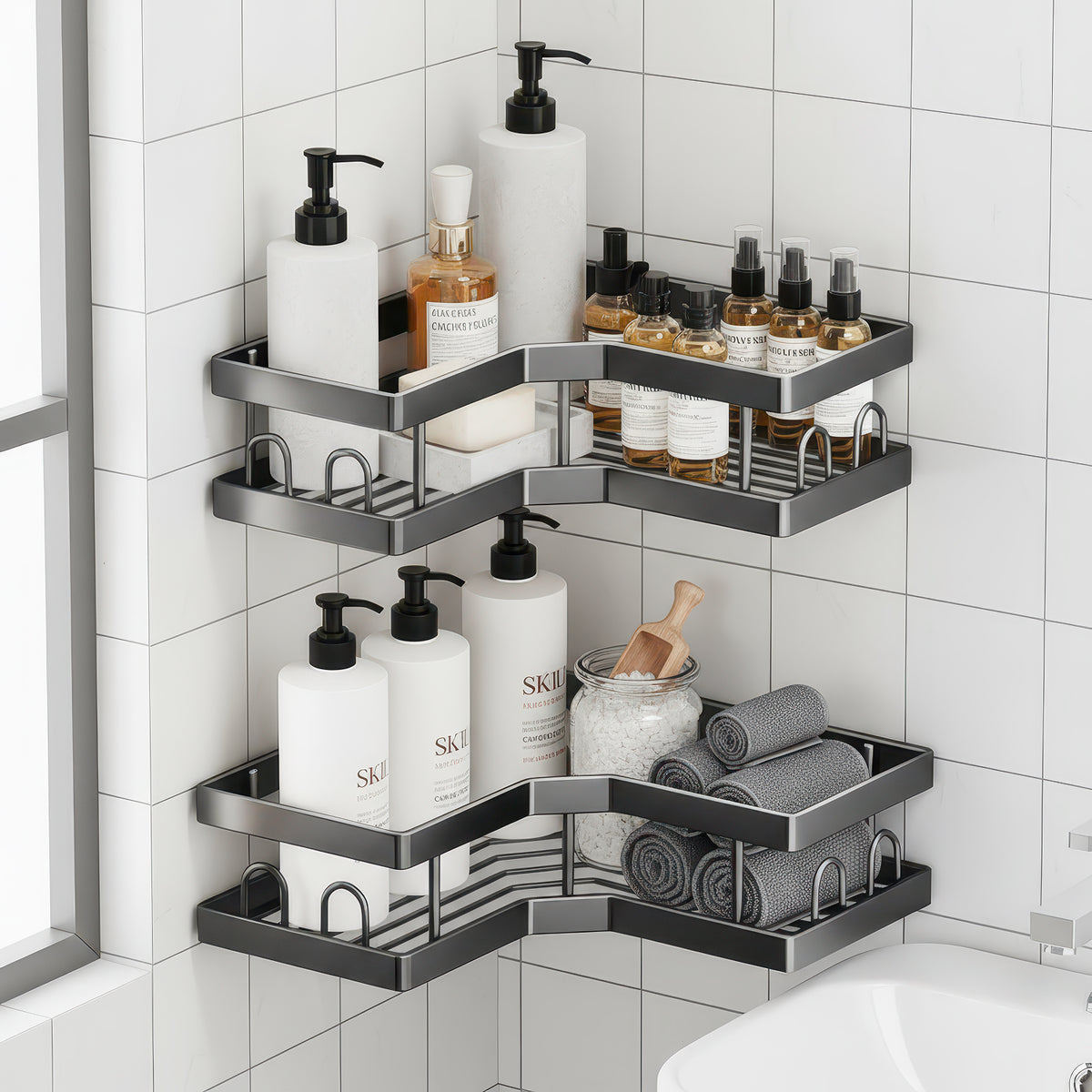 AINEXA 2-Piece Self-Adhesive Carbon Steel Corner Shelves – No Drill
