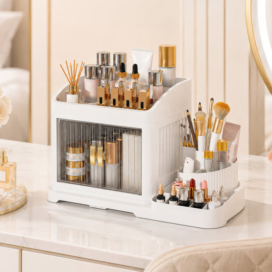 AINEXA 2-Layer 360° Rotating Makeup Organiser with Brush Holder – White
