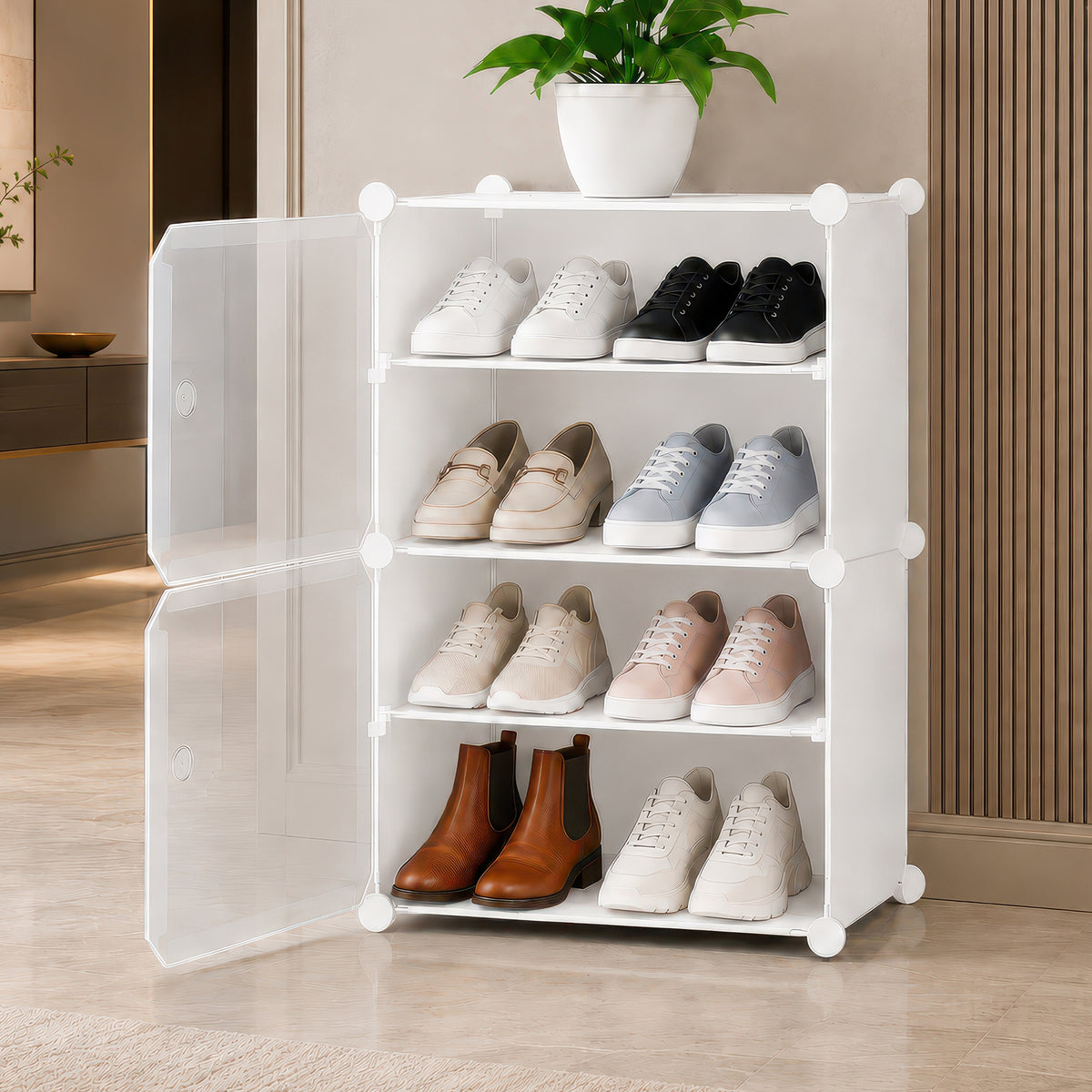 AINEXA 4-Layer Foldable Plastic Shoe Rack with Door Cover – White