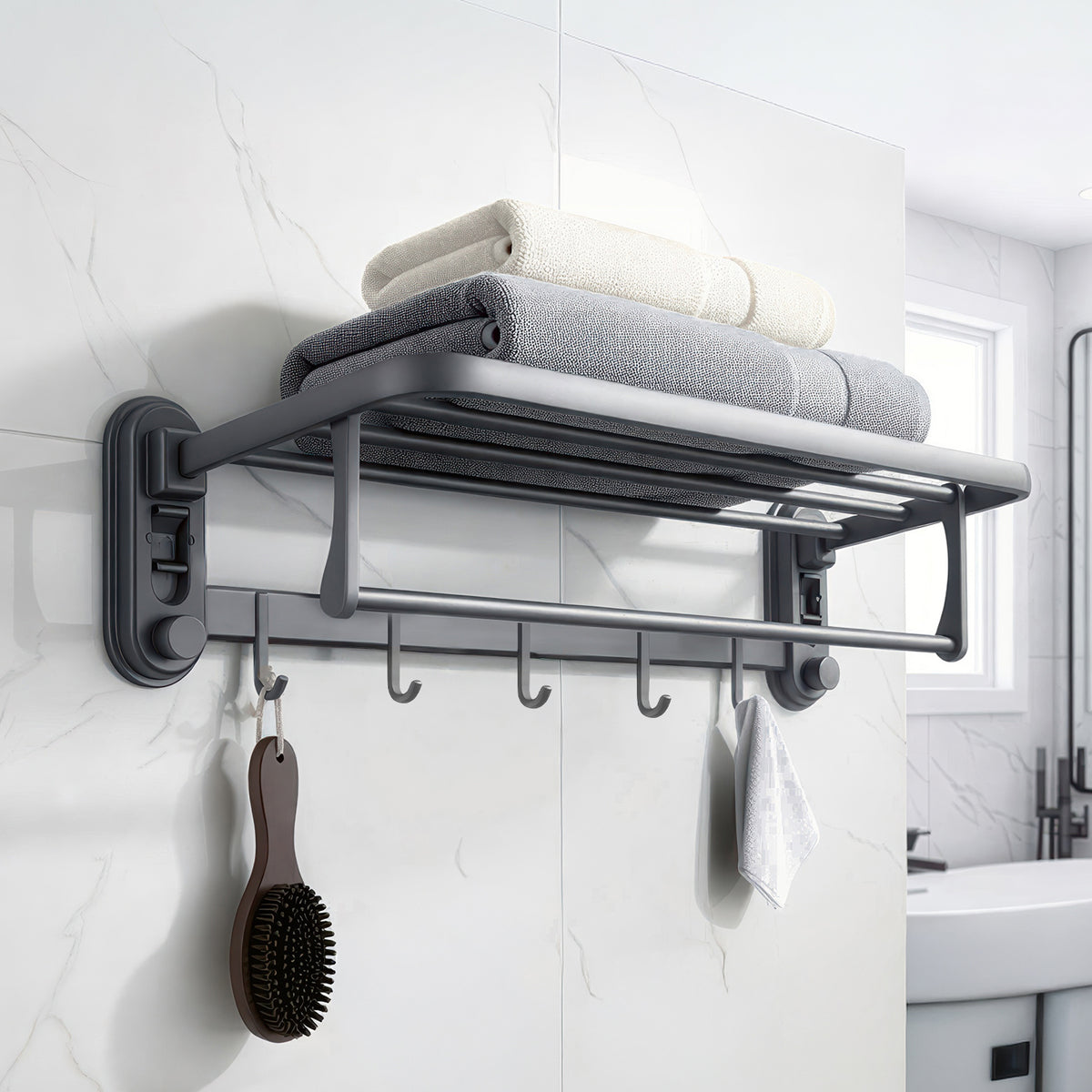 AINEXA Vacuum Suction Aluminium Towel Rack with Shelf & Hooks – Matte Grey