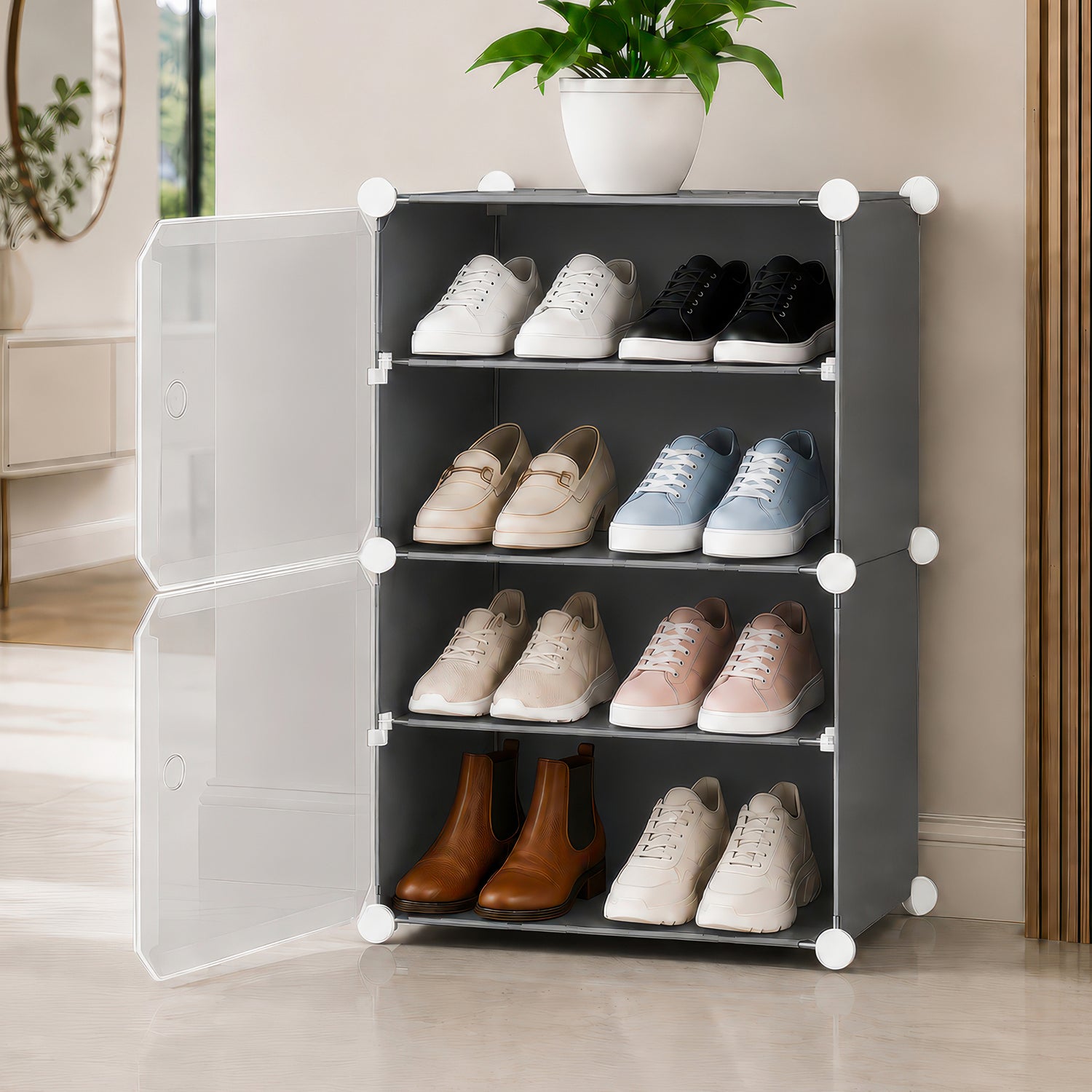 AINEXA 4-Layer Foldable Plastic Shoe Rack with Door Cover – Grey