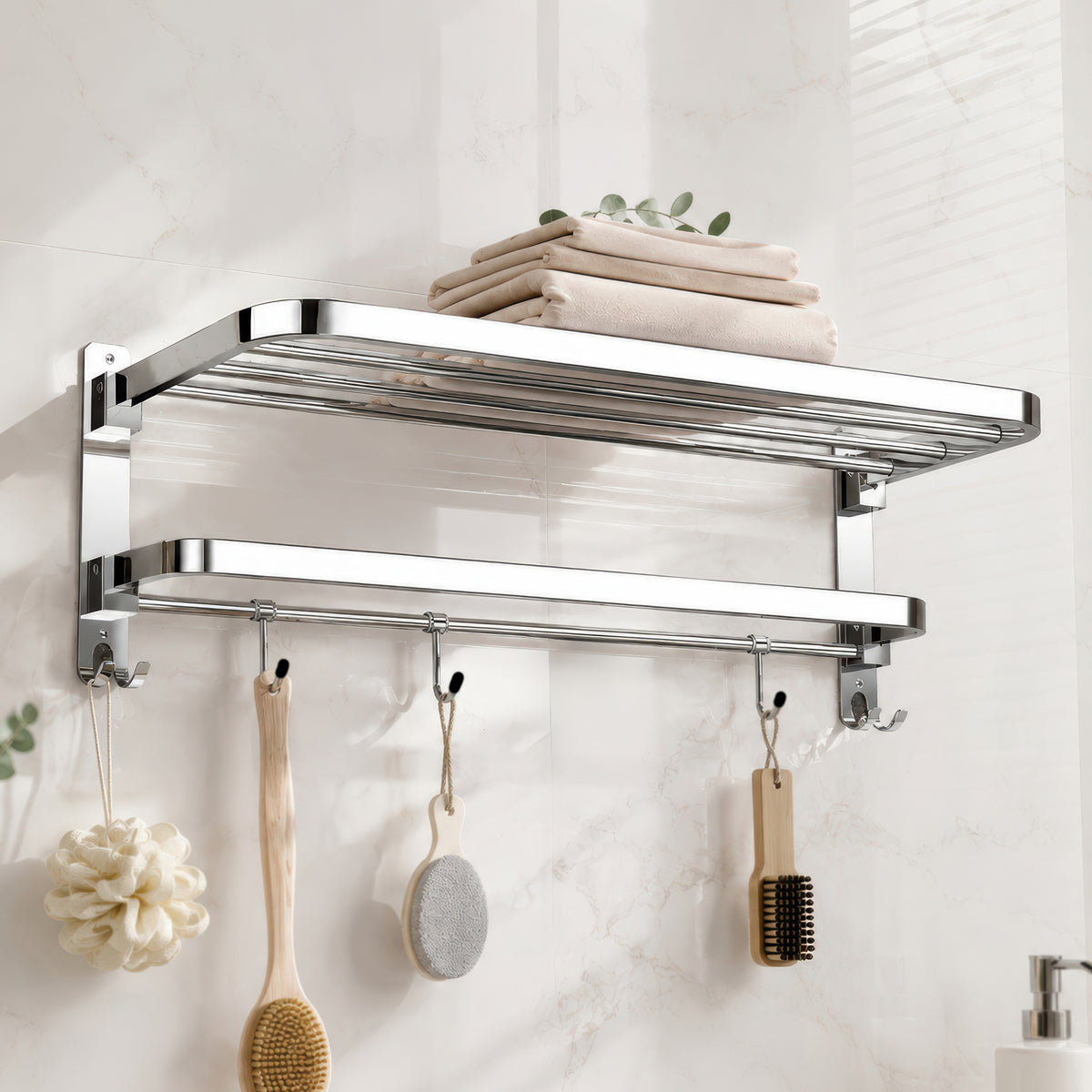 AINEXA 24-Inch 1.5 kg Folding Stainless Steel Towel Rack with Hooks – Chrome