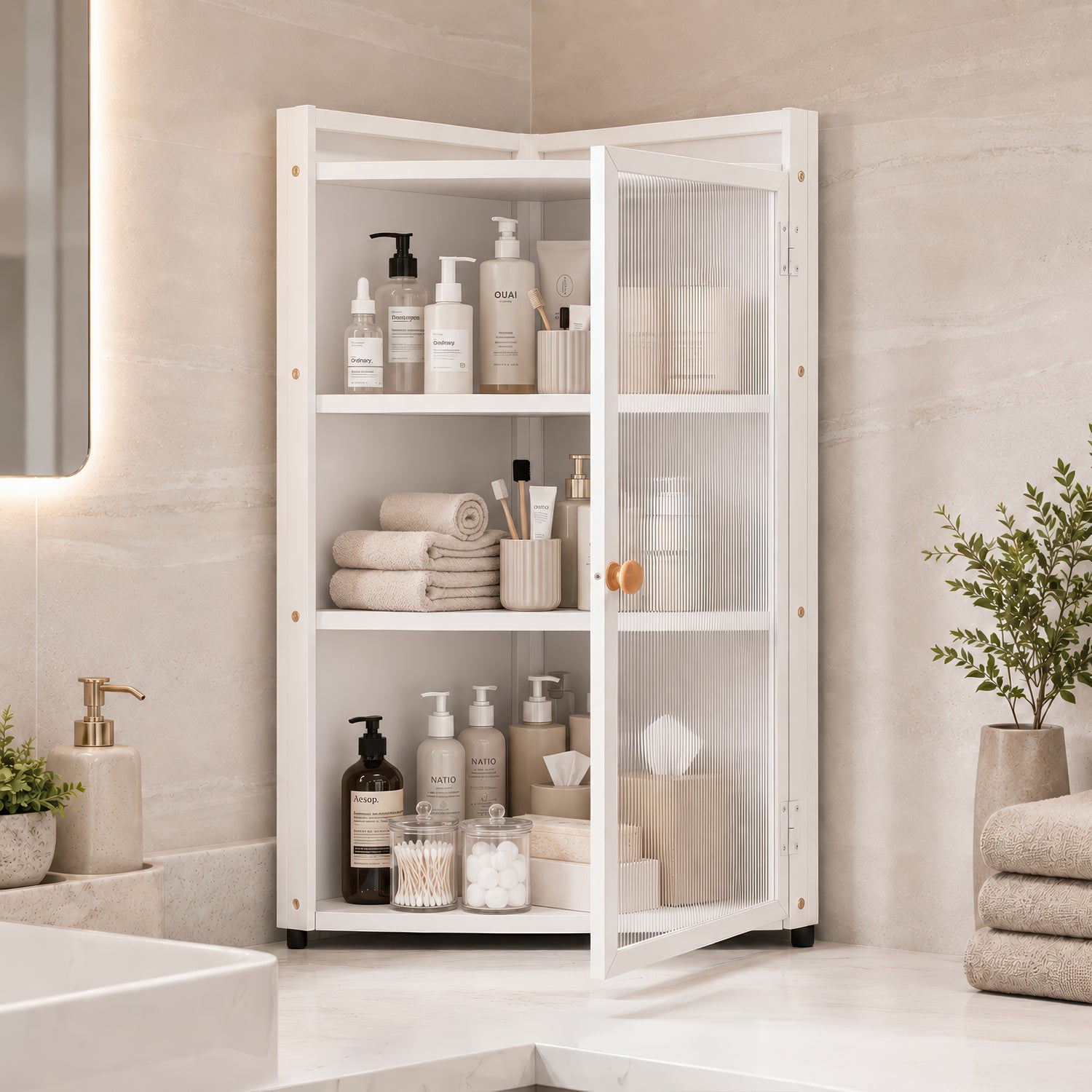AINEXA 40 cm 3-Layer Bathroom Corner Cabinet with Door – White