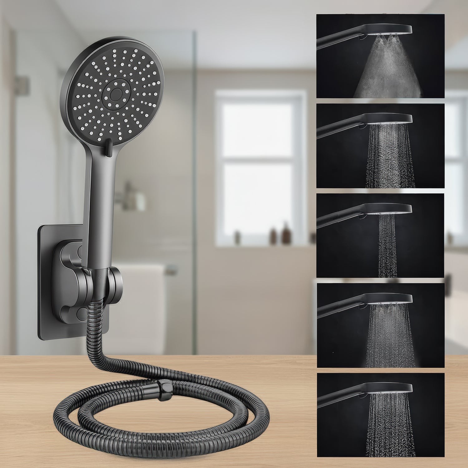 AINEXA Adjustable Wall-Mounted Shower Head Holder – Black