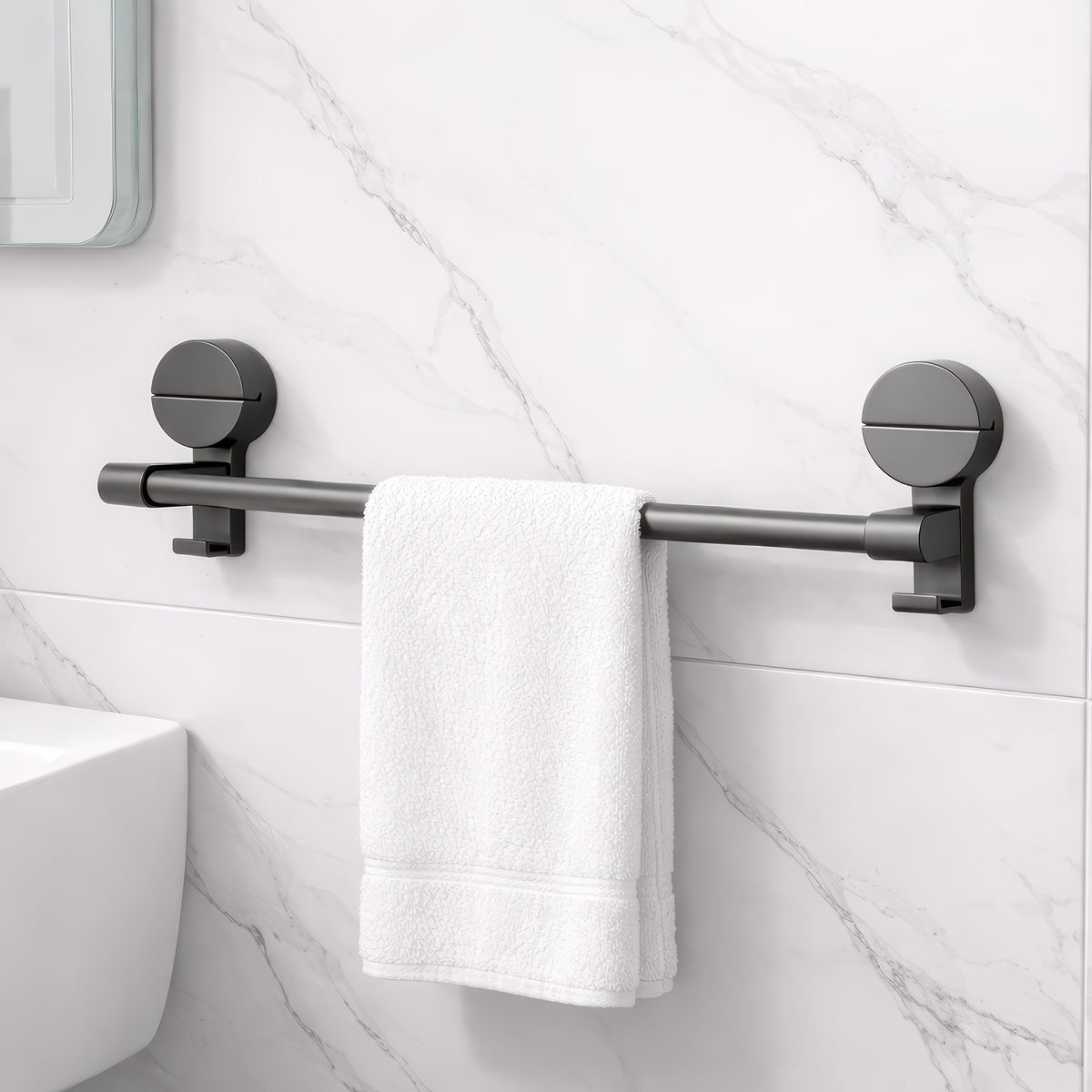 AINEXA Vacuum Suction Aluminium Towel Holder with Hooks – Matte Grey