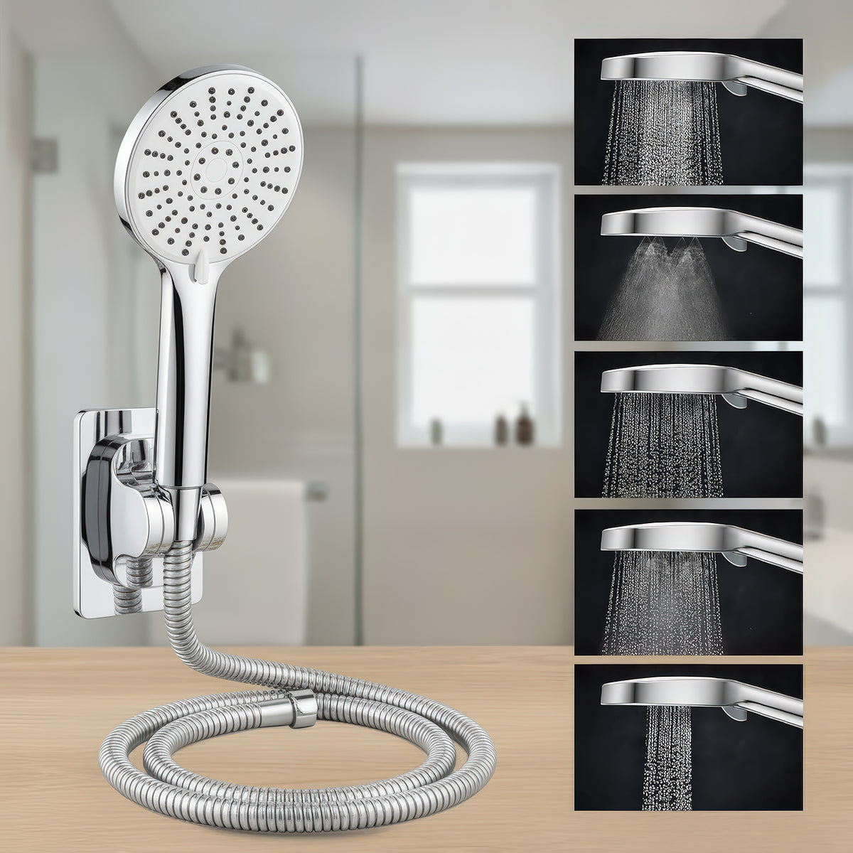 AINEXA 5-Function High-Pressure Hand Shower Set with 1 m Hose – Silver