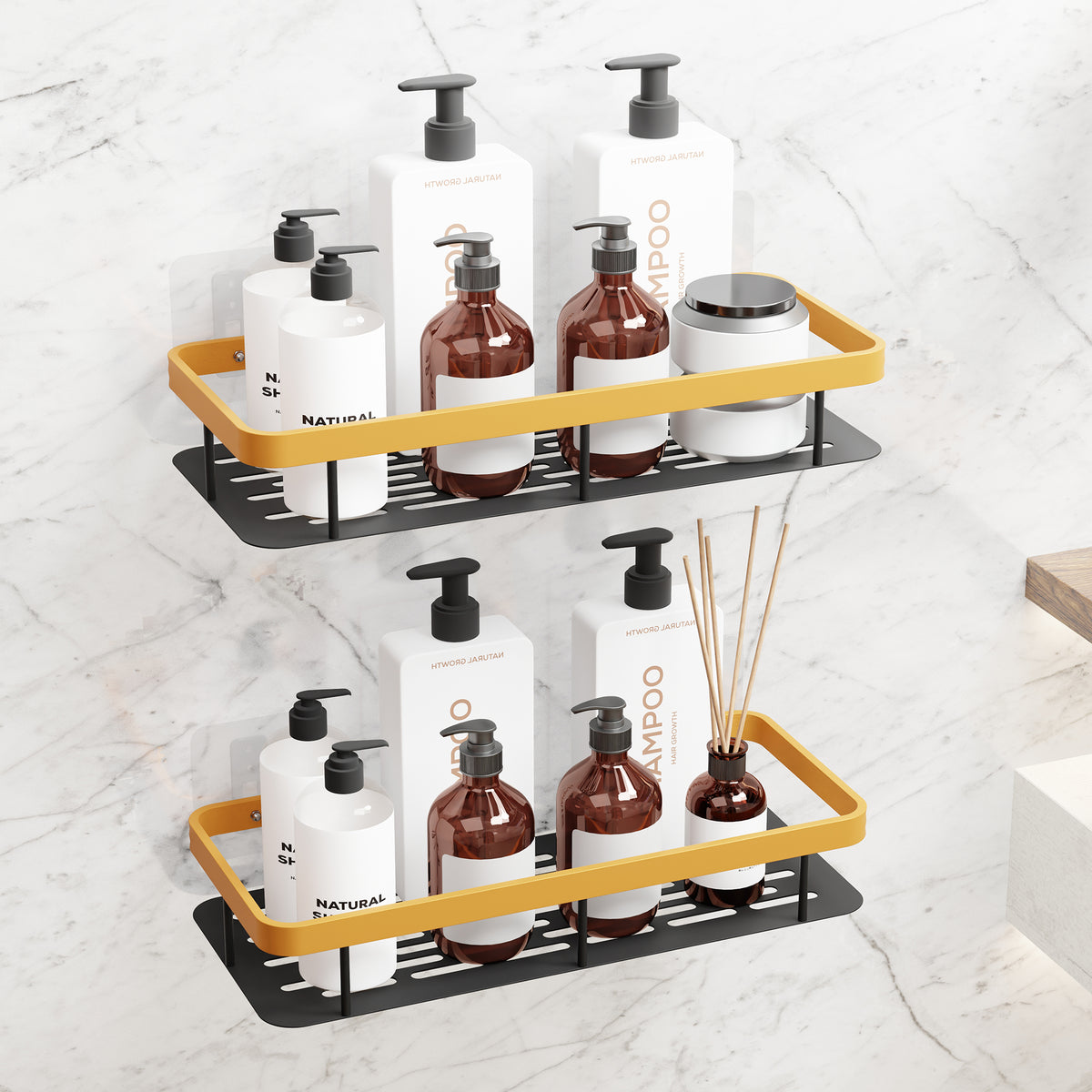 AINEXA 2-Piece Self-Adhesive Aluminium Bathroom Shelves – Gold