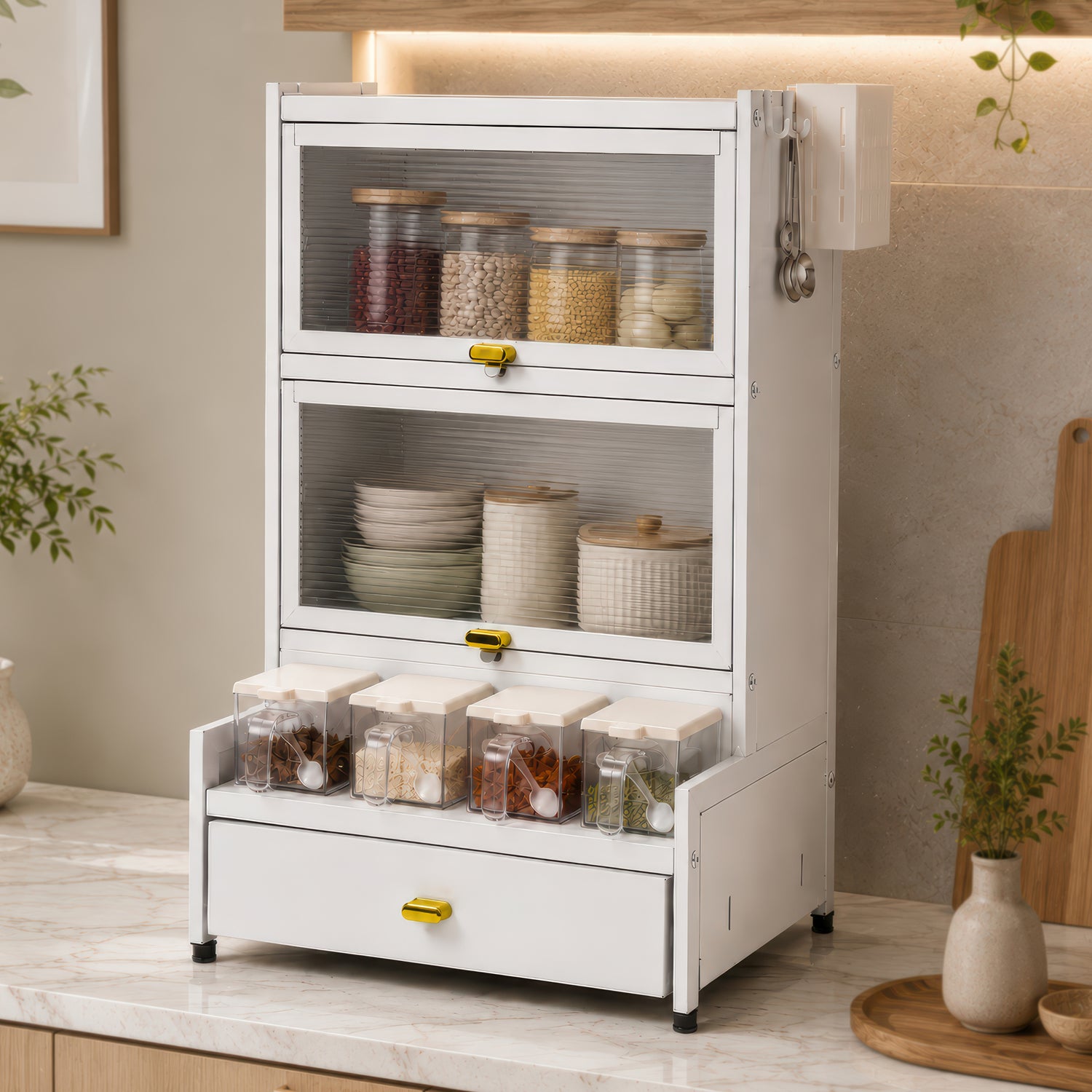 AINEXA 2-Layer Kitchen Storage Cabinet with Drawer & 4 Storage Boxes – White