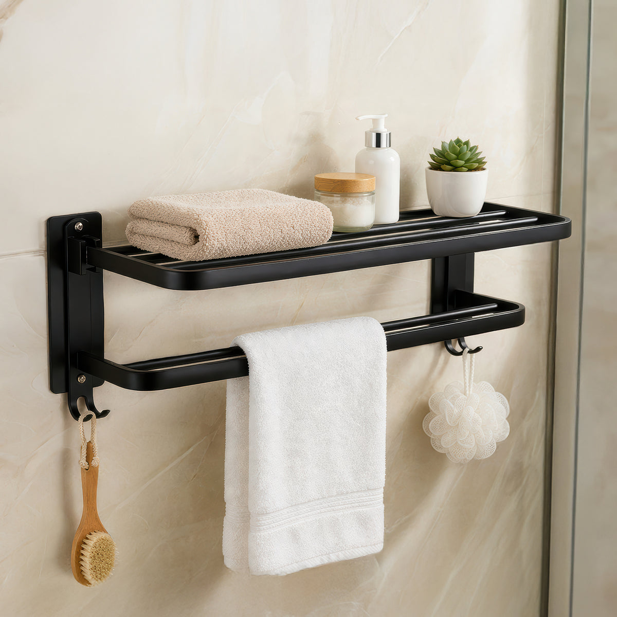 AINEXA 24-Inch Aluminium Towel Rack with Hooks – Matte Black