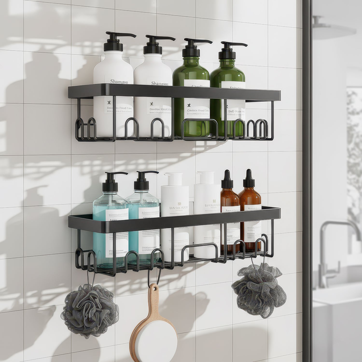 AINEXA 2-Piece Self-Adhesive Carbon Steel Bathroom Shelves – No Drill
