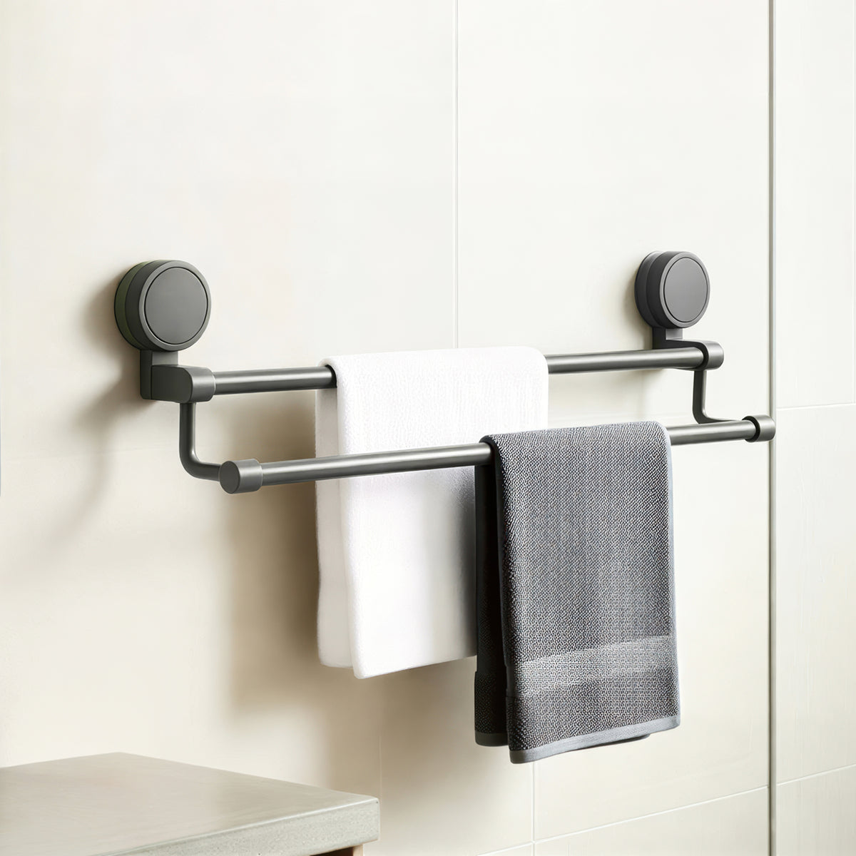 AINEXA Vacuum Suction Aluminium Double Towel Bar – Matte Grey
