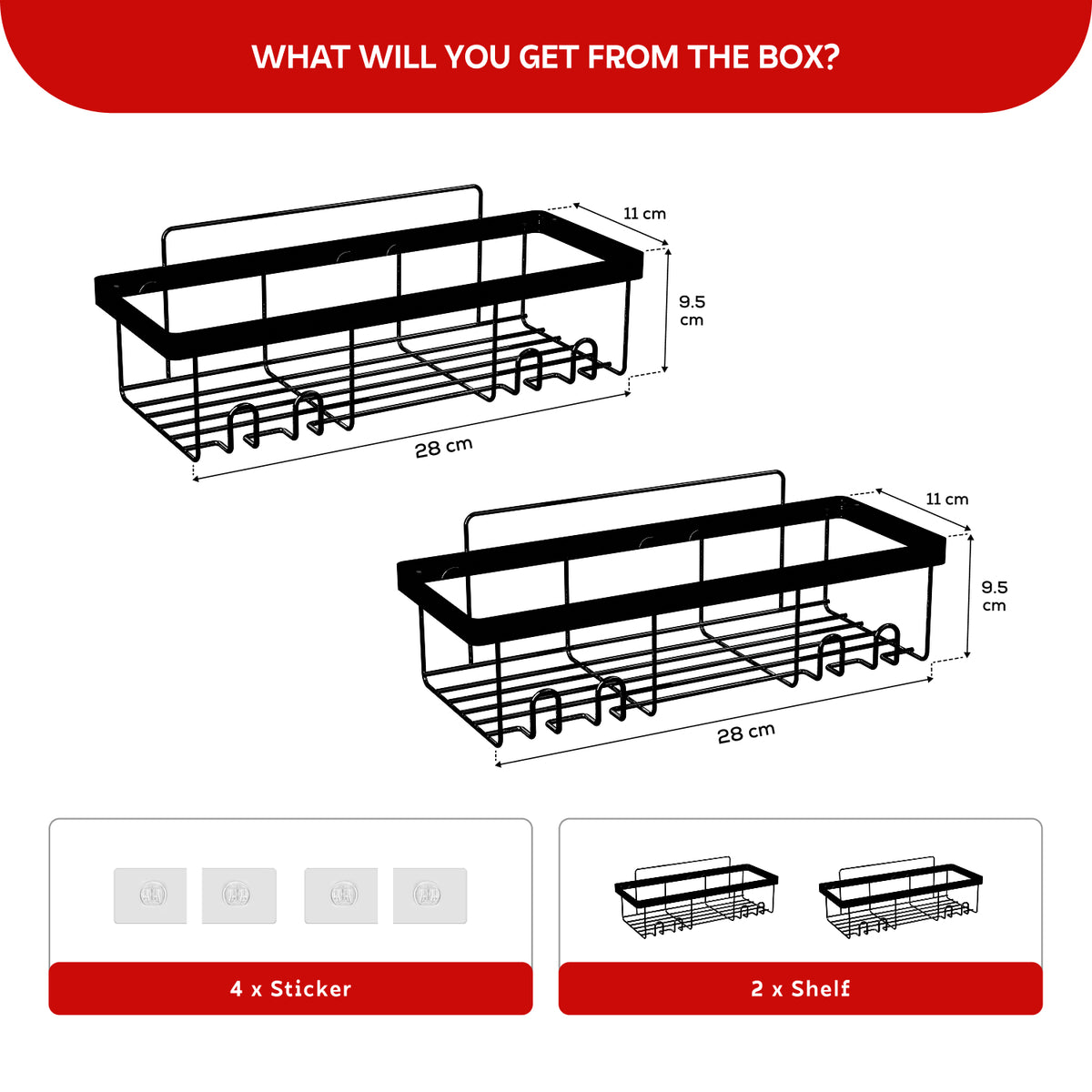 AINEXA 2-Piece Self-Adhesive Carbon Steel Bathroom Shelves – No Drill