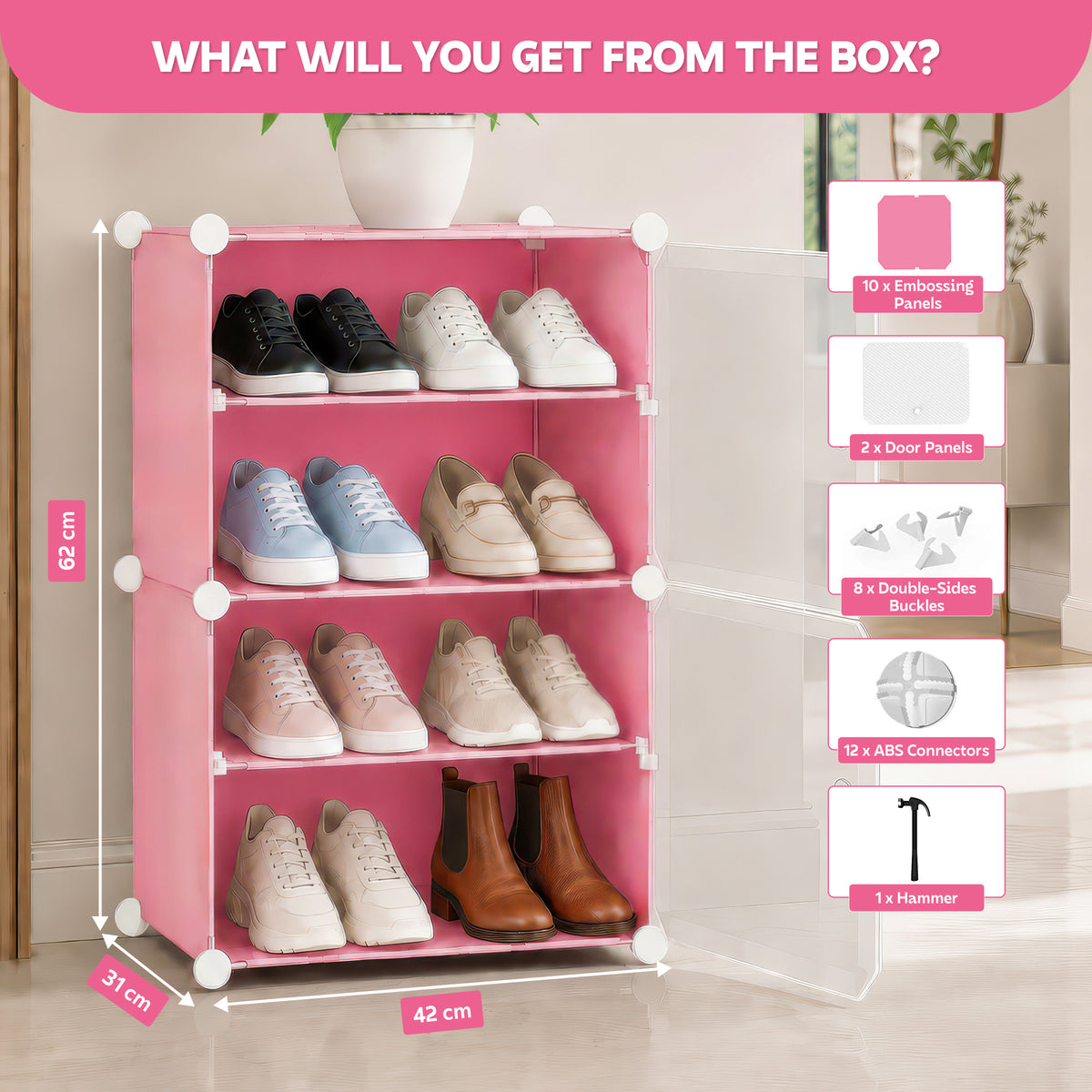 AINEXA 4-Layer Foldable Plastic Shoe Rack with Door Cover – Pink