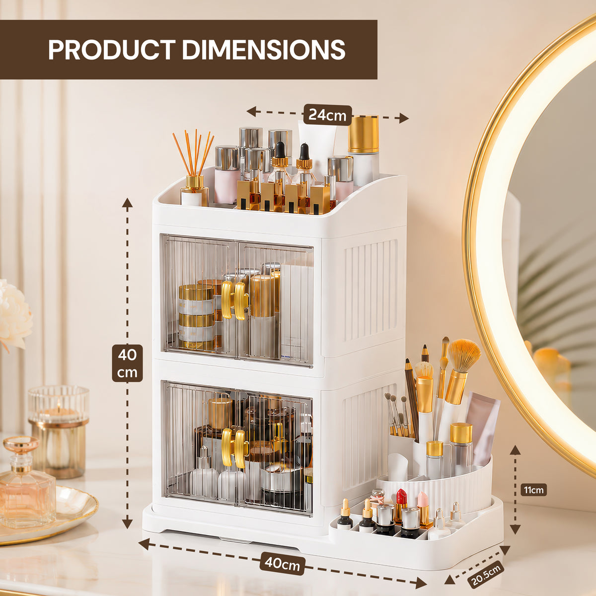 AINEXA 3-Layer 360° Rotating Makeup Organiser with Brush Holder – White