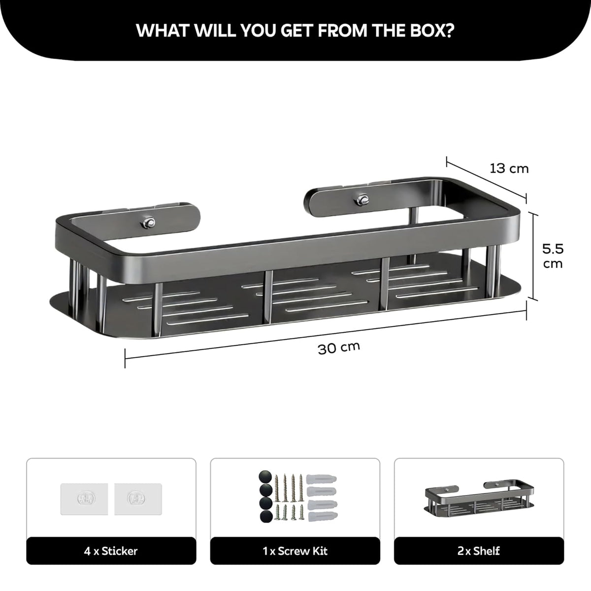 AINEXA 2-Piece Self-Adhesive Aluminium Bathroom Shelves – Matte Black