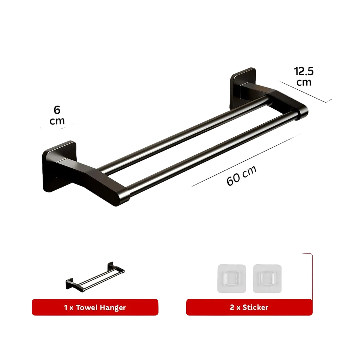 AINEXA Self-Adhesive Aluminium Double Towel Rack – Matte Black