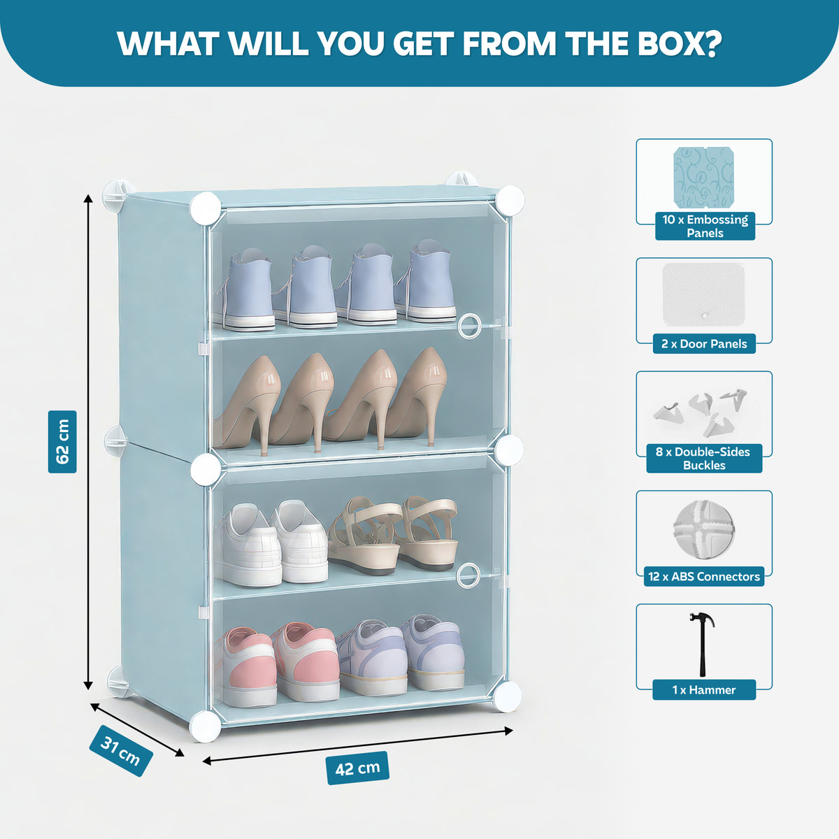 AINEXA 4-Layer Foldable Plastic Shoe Rack with Door Cover – Blue