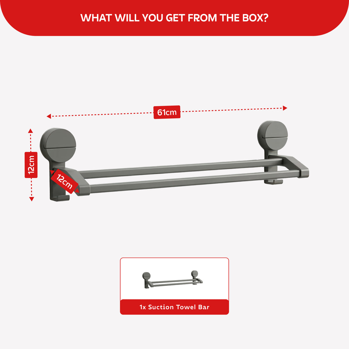 AINEXA 24-Inch Suction Double Towel Bar – Matte Grey