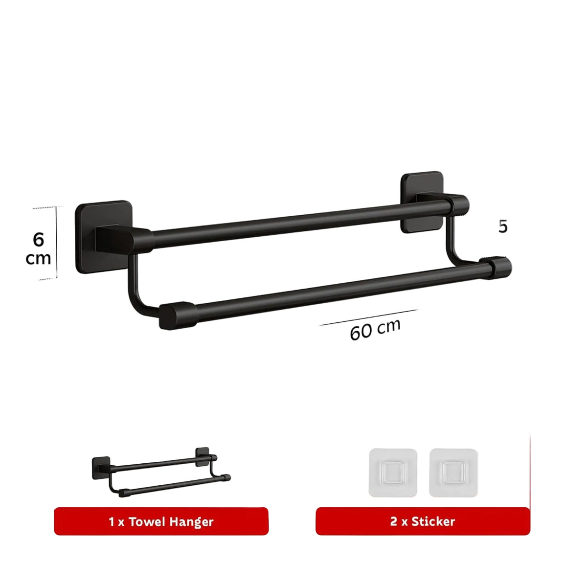 AINEXA 24-Inch Self-Adhesive Aluminium Towel Holder – Matte Black