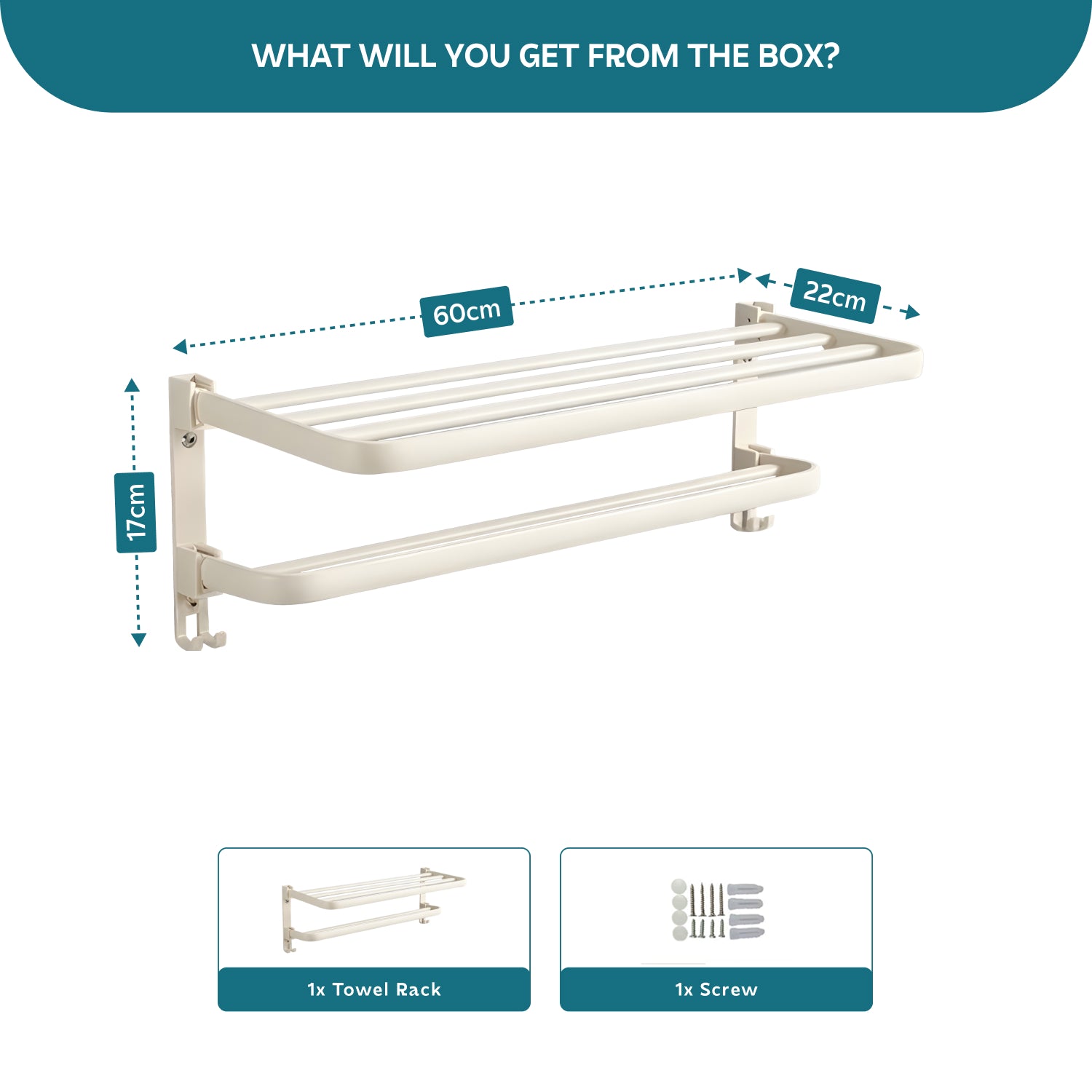 AINEXA 24-Inch Self-Adhesive Aluminium Towel Rack with Hooks – White