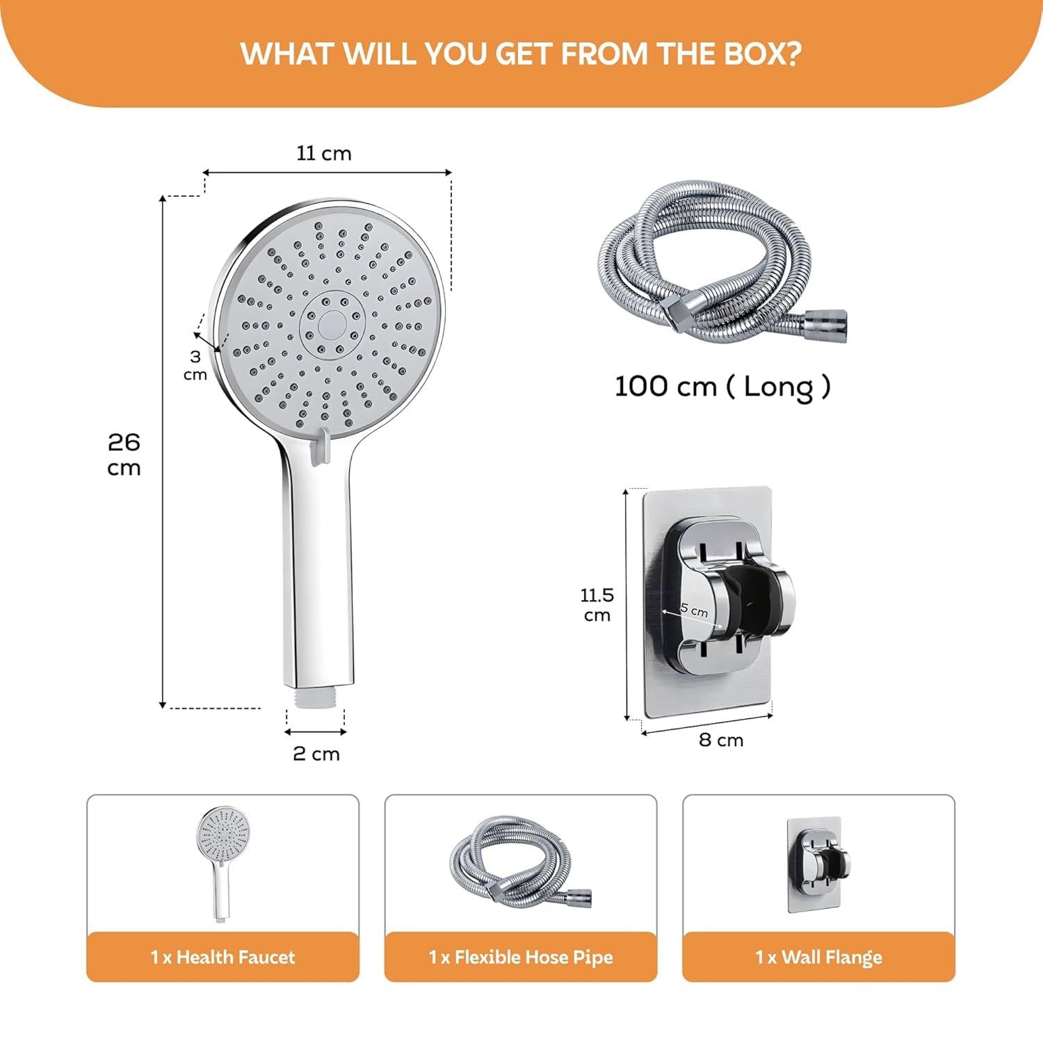 AINEXA 5-Function High-Pressure Hand Shower Set with 1 m Hose – Silver