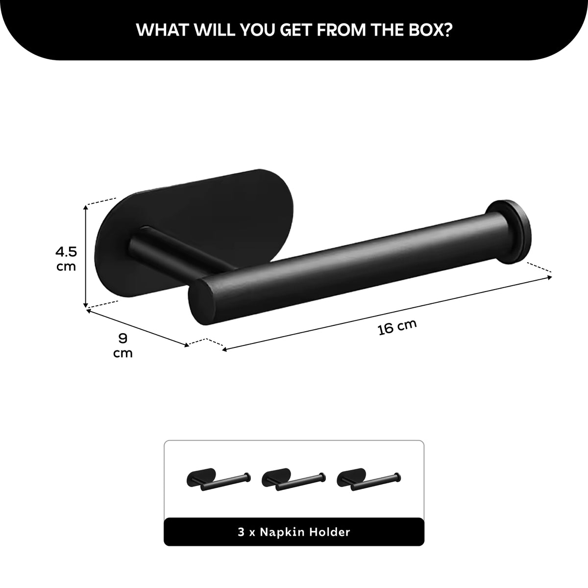 AINEXA 3-Piece Self-Adhesive Aluminium Tissue & Towel Holder – Black