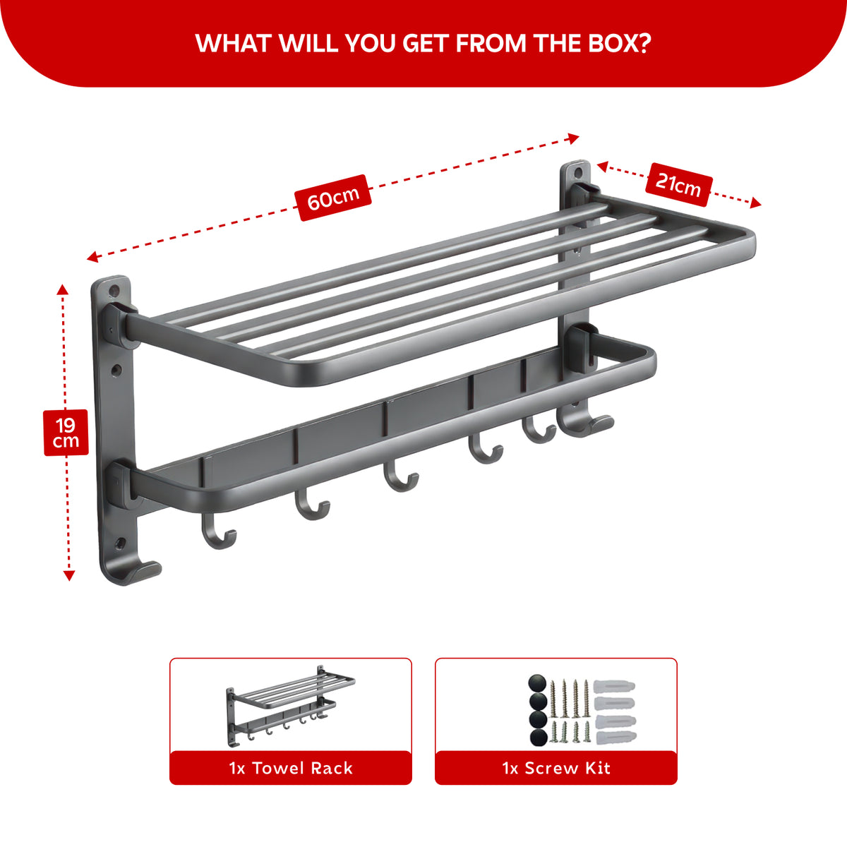 AINEXA 24-Inch Aluminium Towel Rack with Hooks – Matte Grey