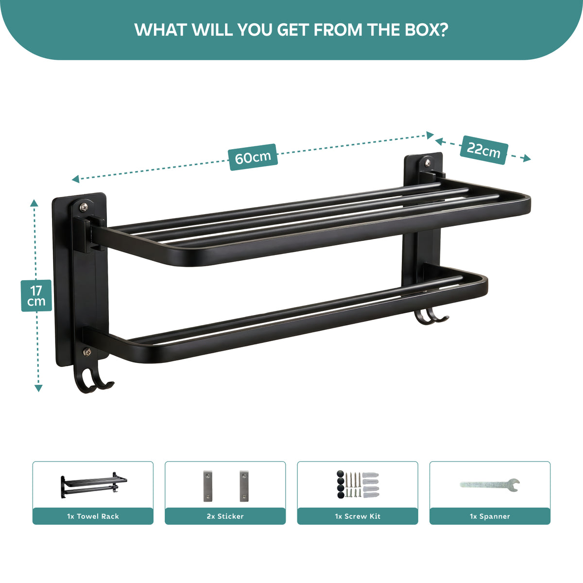 AINEXA 24-Inch Aluminium Towel Rack with Hooks – Matte Black