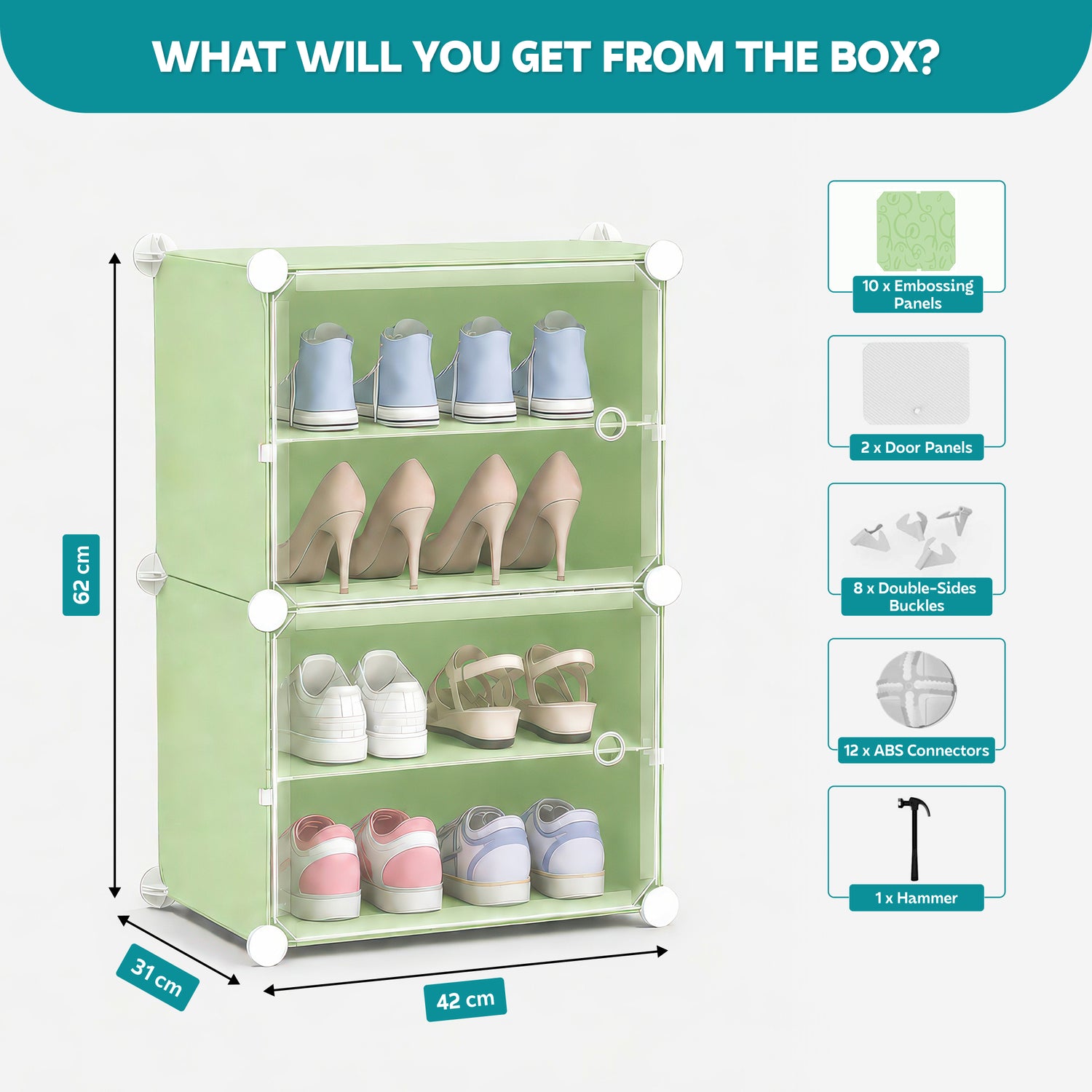 AINEXA 4-Layer Foldable Plastic Shoe Rack with Door Cover – Green