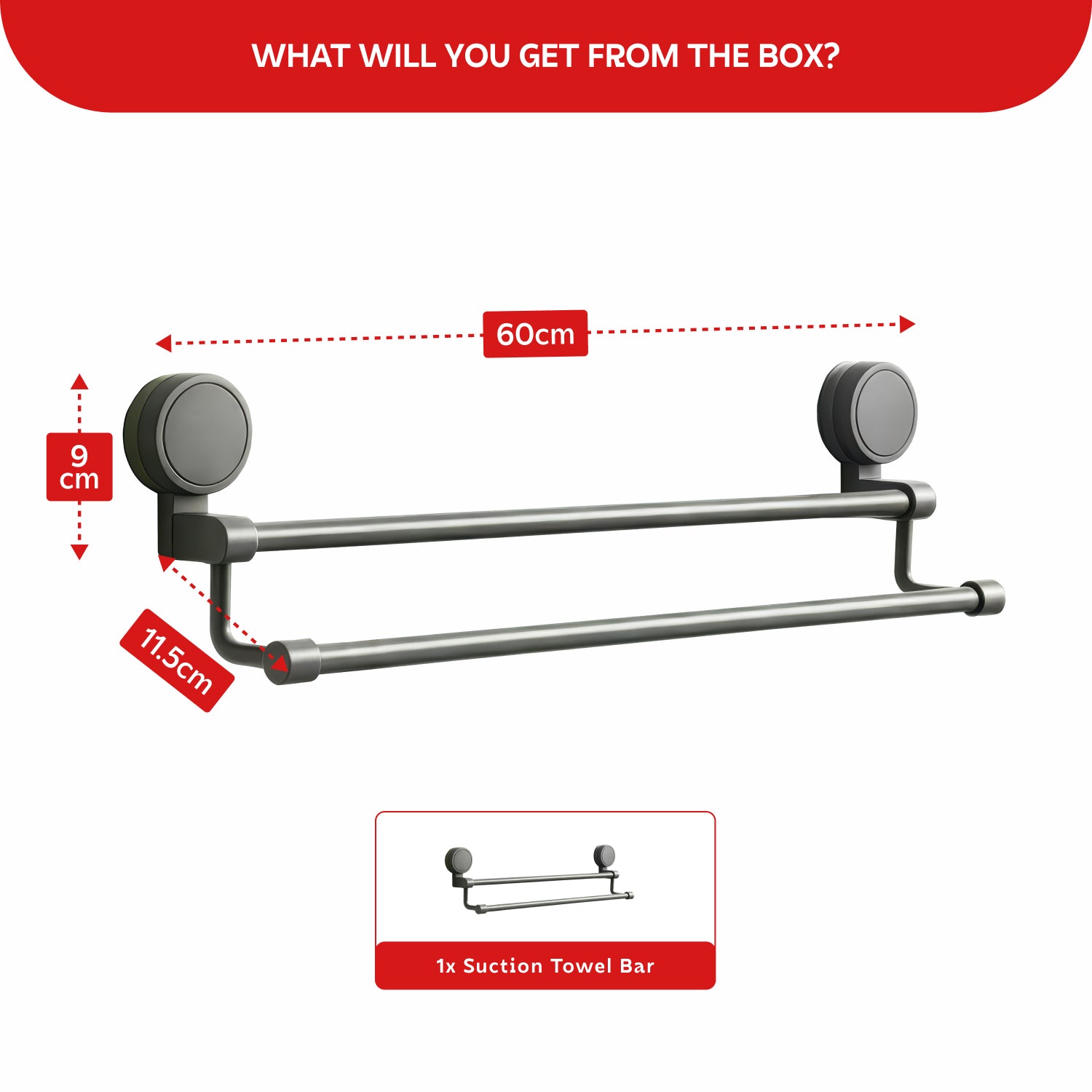 AINEXA Vacuum Suction Aluminium Double Towel Bar – Matte Grey