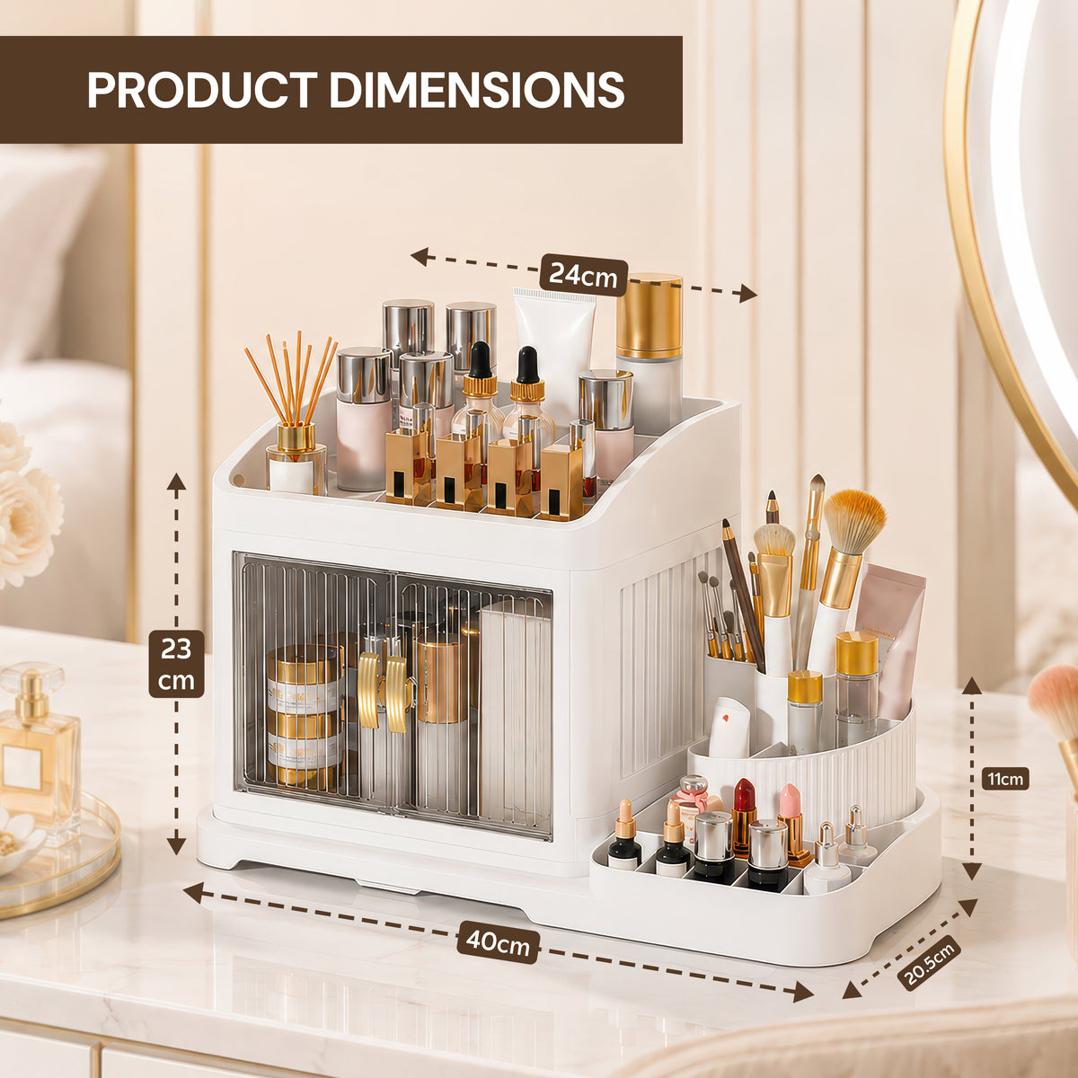 AINEXA 2-Layer 360° Rotating Makeup Organiser with Brush Holder – White