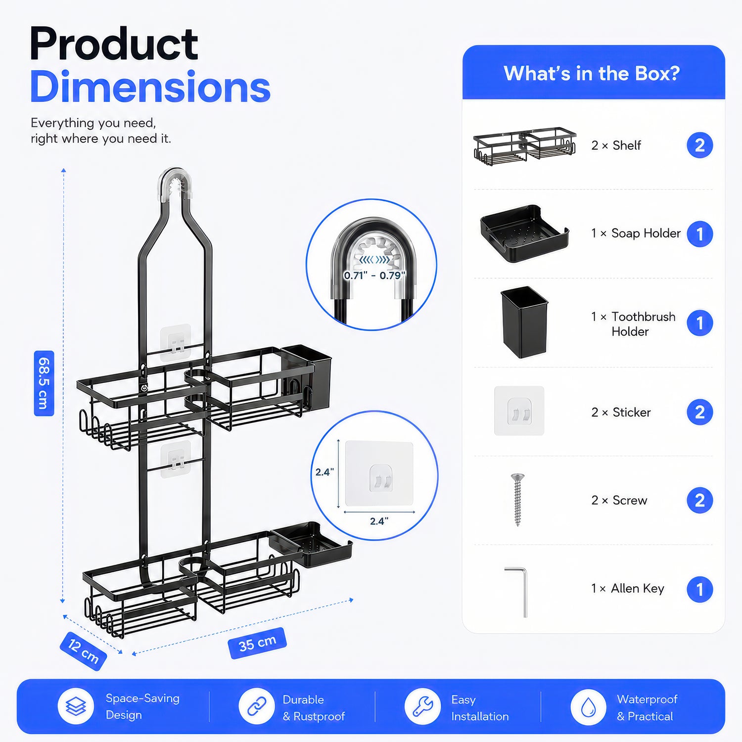 AINEXA 3-Tier Hanging Shower Caddy with Hooks – No Drill