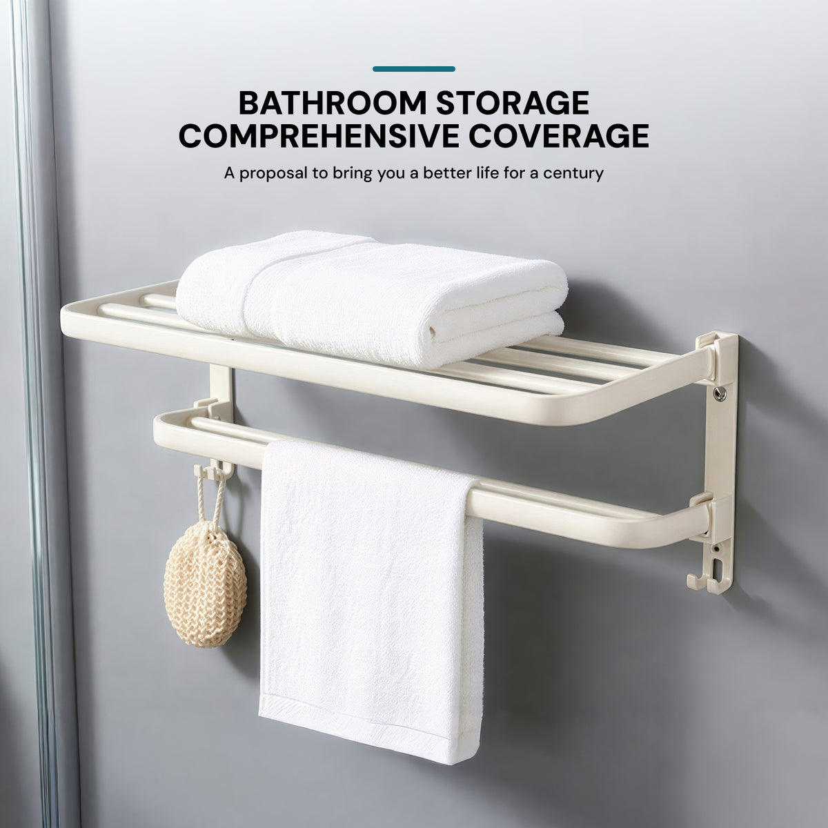 AINEXA 24-Inch Self-Adhesive Aluminium Towel Rack with Hooks – White