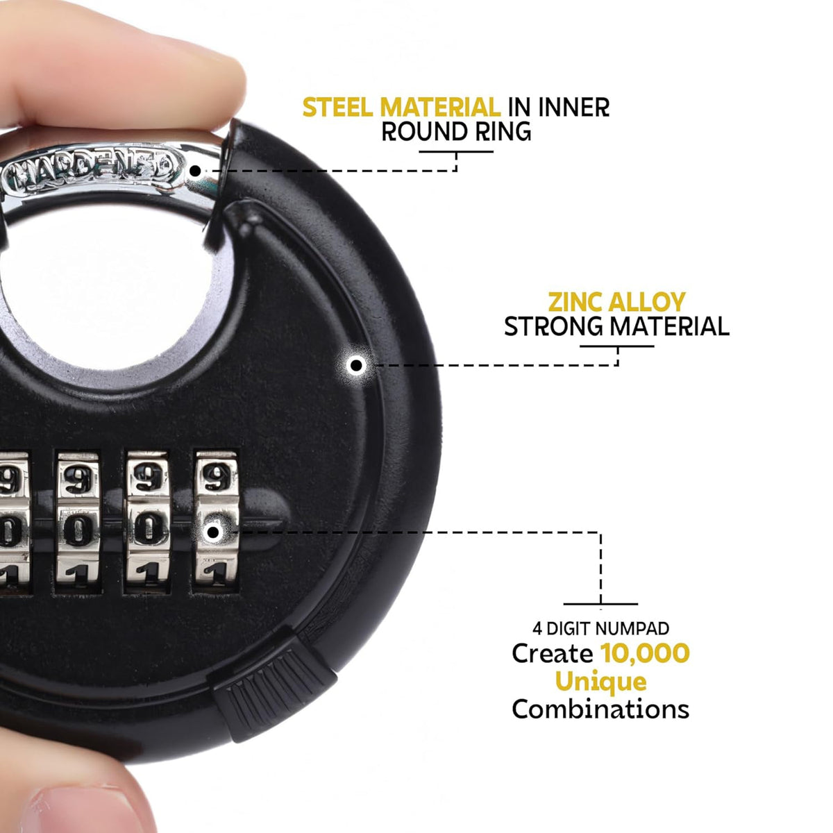 AINEXA Heavy-Duty 4-Digit Combination Disc Padlock – Black