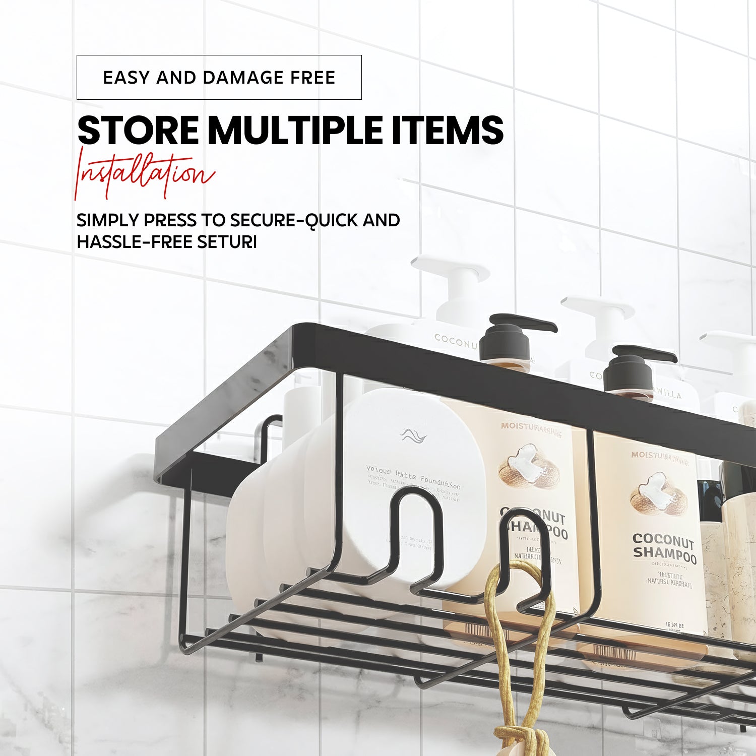AINEXA 2-Piece Self-Adhesive Carbon Steel Bathroom Shelves – No Drill