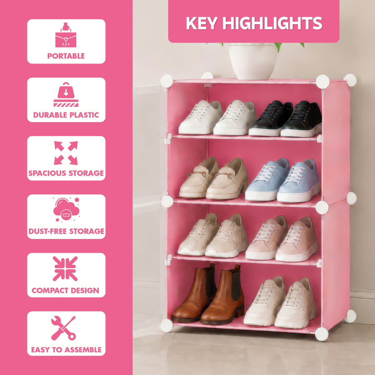 AINEXA 4-Layer Foldable Plastic Shoe Rack with Door Cover – Pink