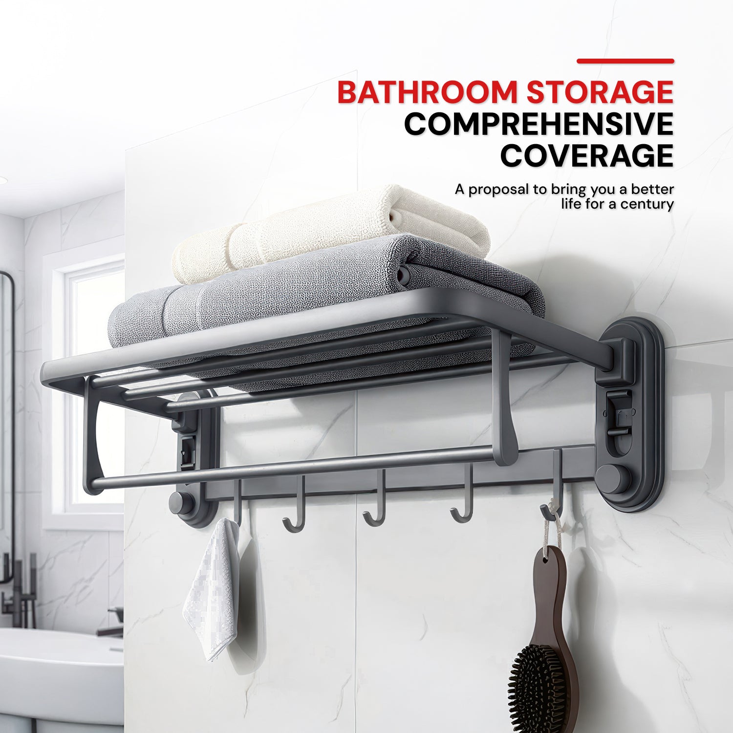 AINEXA Vacuum Suction Aluminium Towel Rack with Shelf & Hooks – Matte Grey