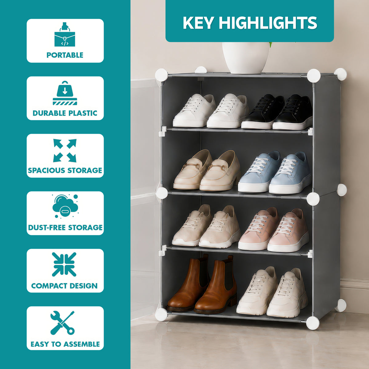AINEXA 4-Layer Foldable Plastic Shoe Rack with Door Cover – Grey