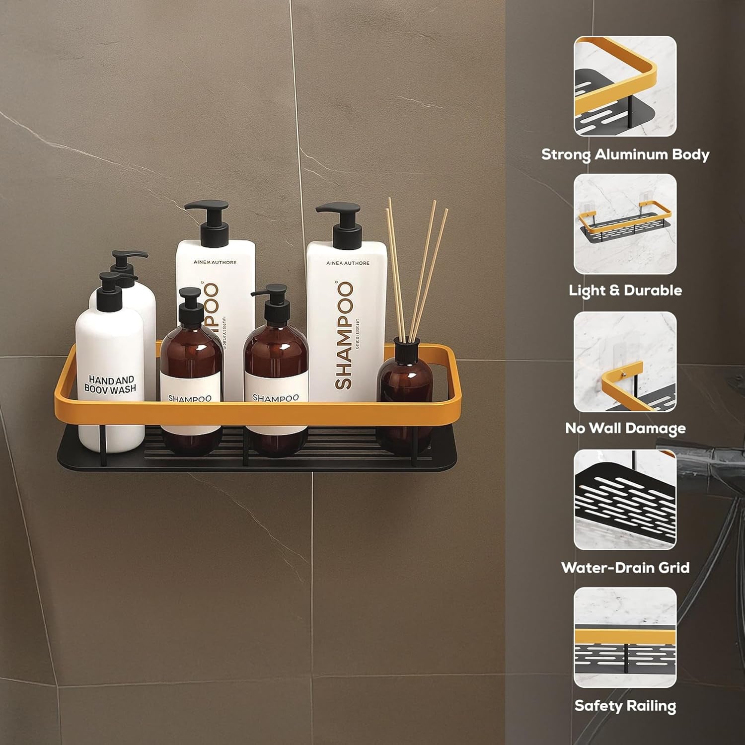 AINEXA 2-Piece Self-Adhesive Aluminium Bathroom Shelves – Gold