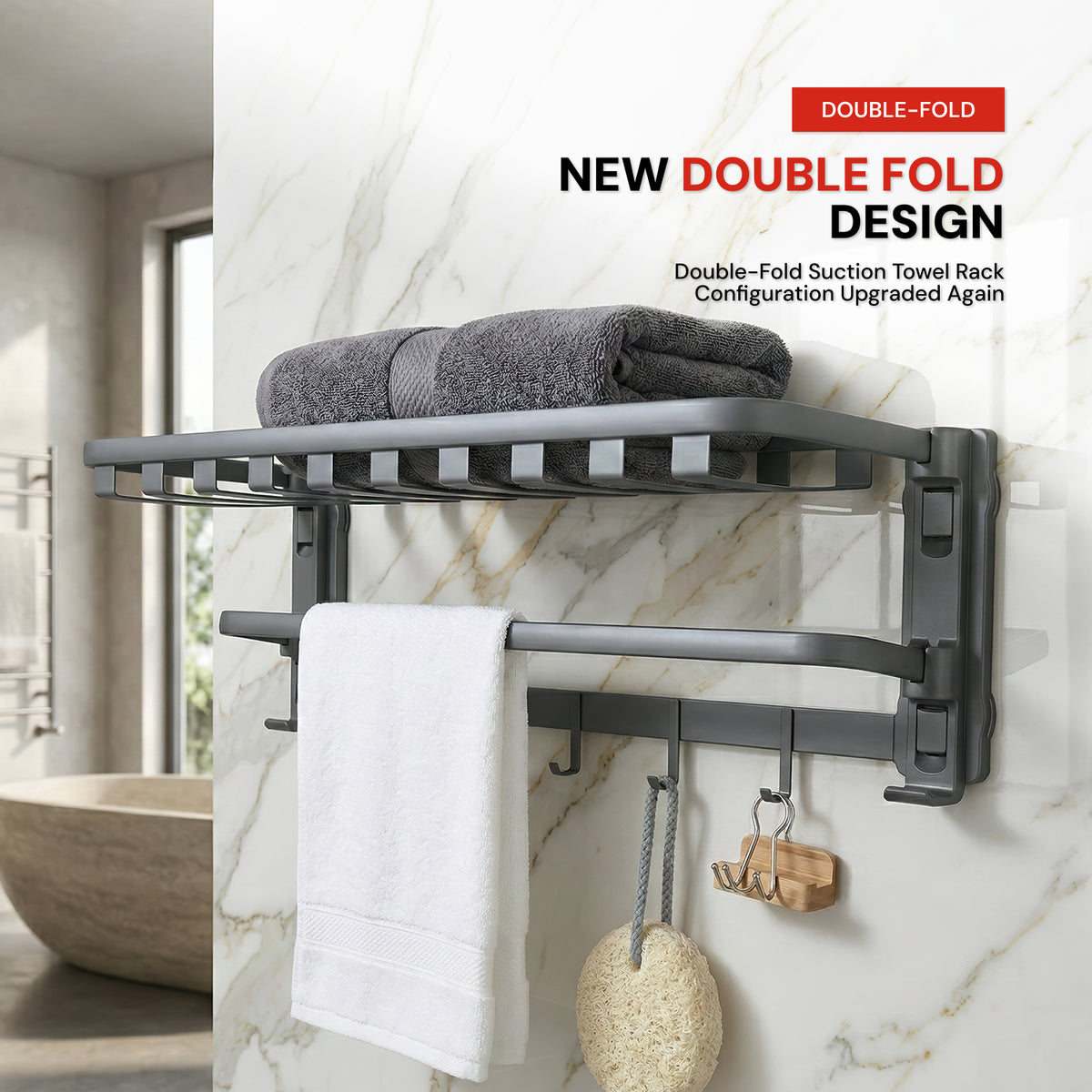 AINEXA Vacuum Suction Aluminium Towel Rack with Hooks – Matte Grey