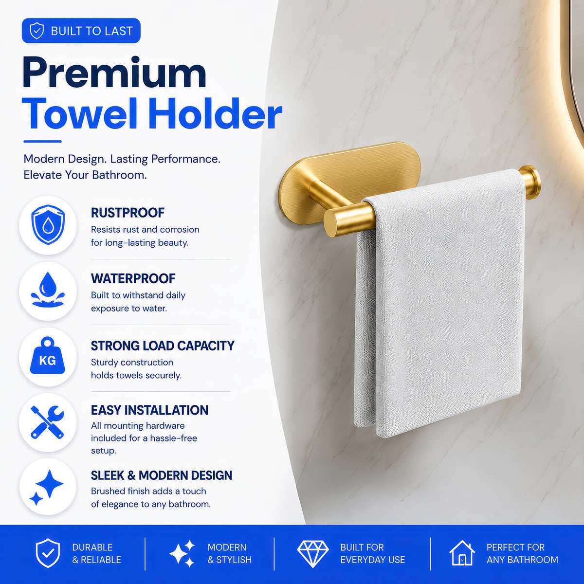AINEXA Self-Adhesive Aluminium Hand Towel Holder – Gold