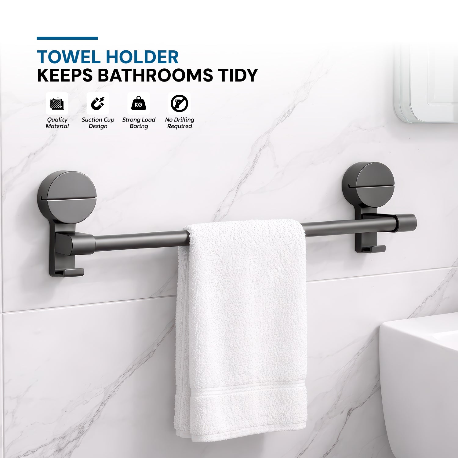 AINEXA Vacuum Suction Aluminium Towel Holder with Hooks – Matte Grey