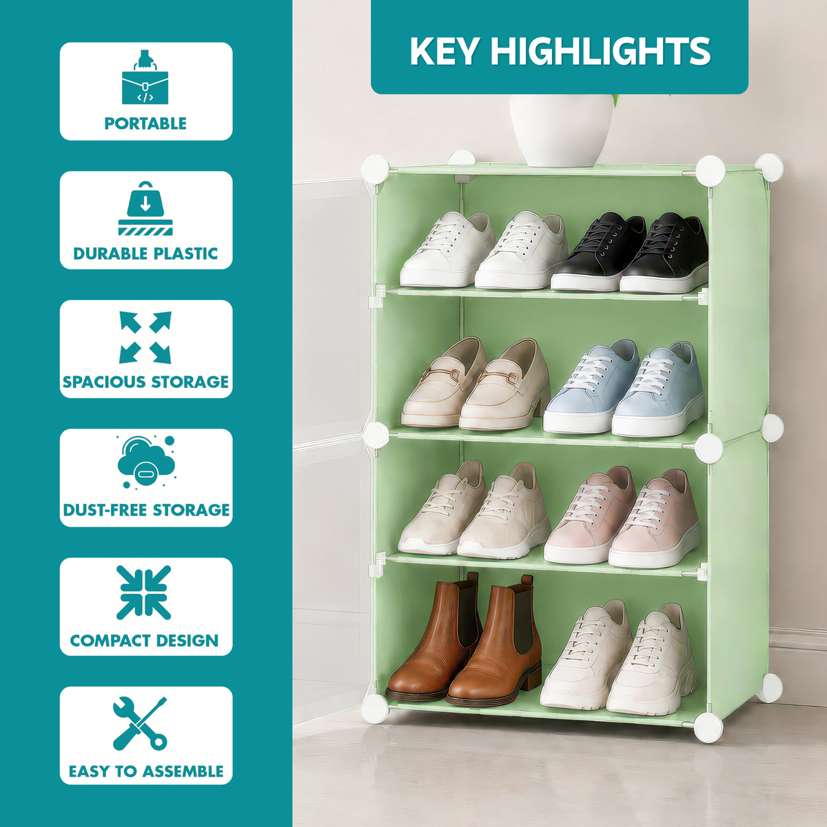 AINEXA 4-Layer Foldable Plastic Shoe Rack with Door Cover – Green