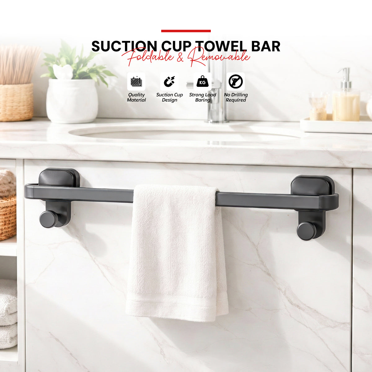 AINEXA Vacuum Suction Aluminium Towel Bar – Matte Grey