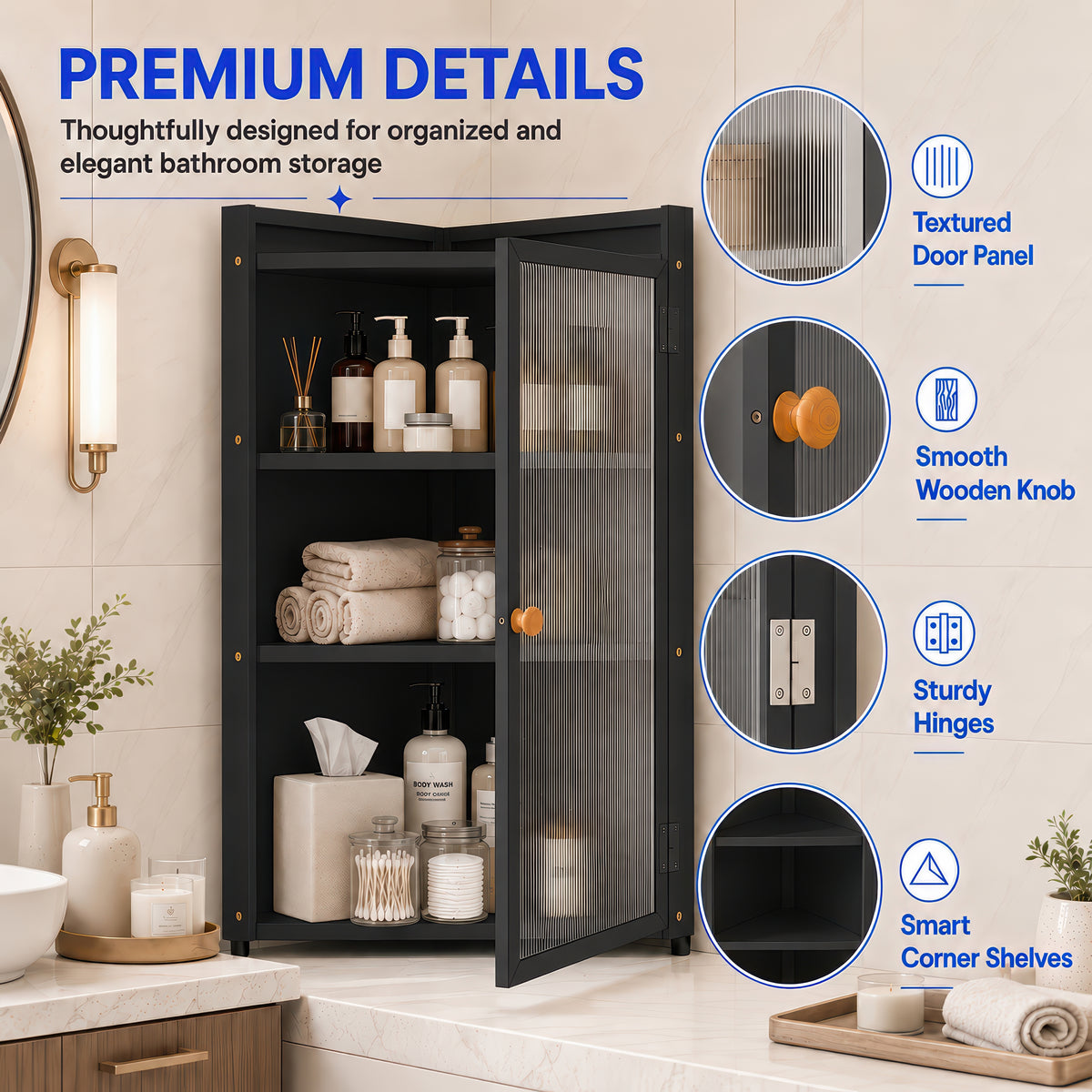 AINEXA 40 cm 3-Layer Bathroom Corner Cabinet with Door – Black